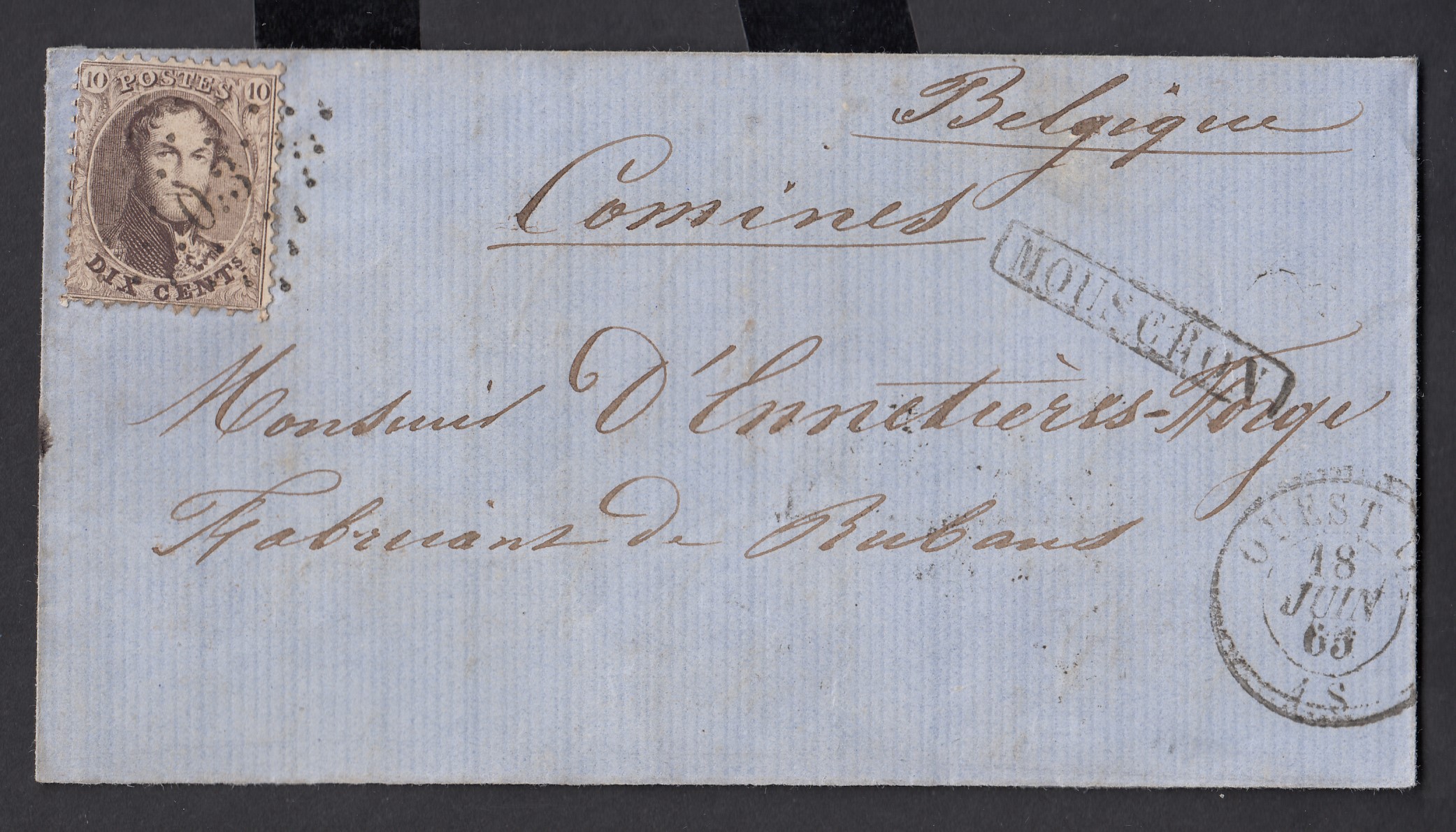 10c « médaillon dentelé » sur DEVANT de lettre de Mouscron (Griffe encadrée) par l'ambt Ouest 3 ( Lp O3) le 18 janv.1865 vers Comines