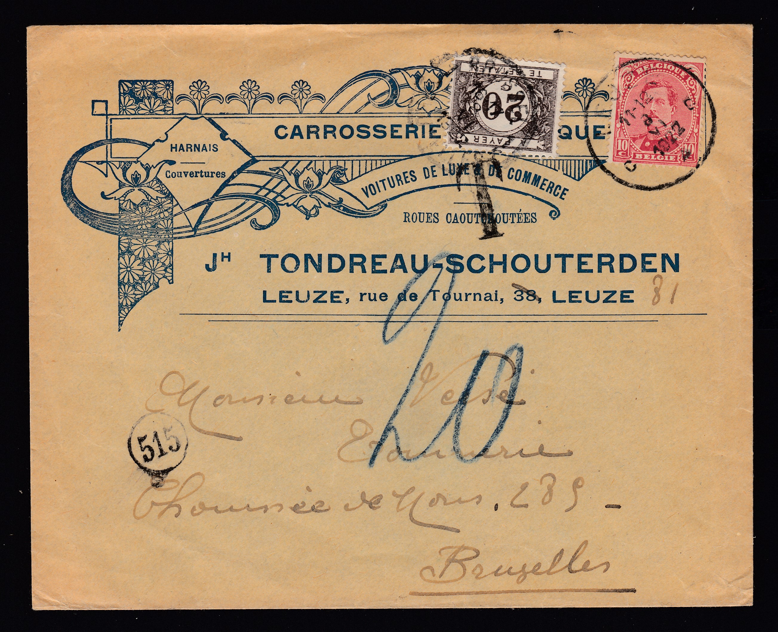 Albert I - n°138 sur lettre à entête commerciale illustrée de Leuze le 6.VI.1922 vers BXL.. Taxée 20c à l'arrivée par Tx34.