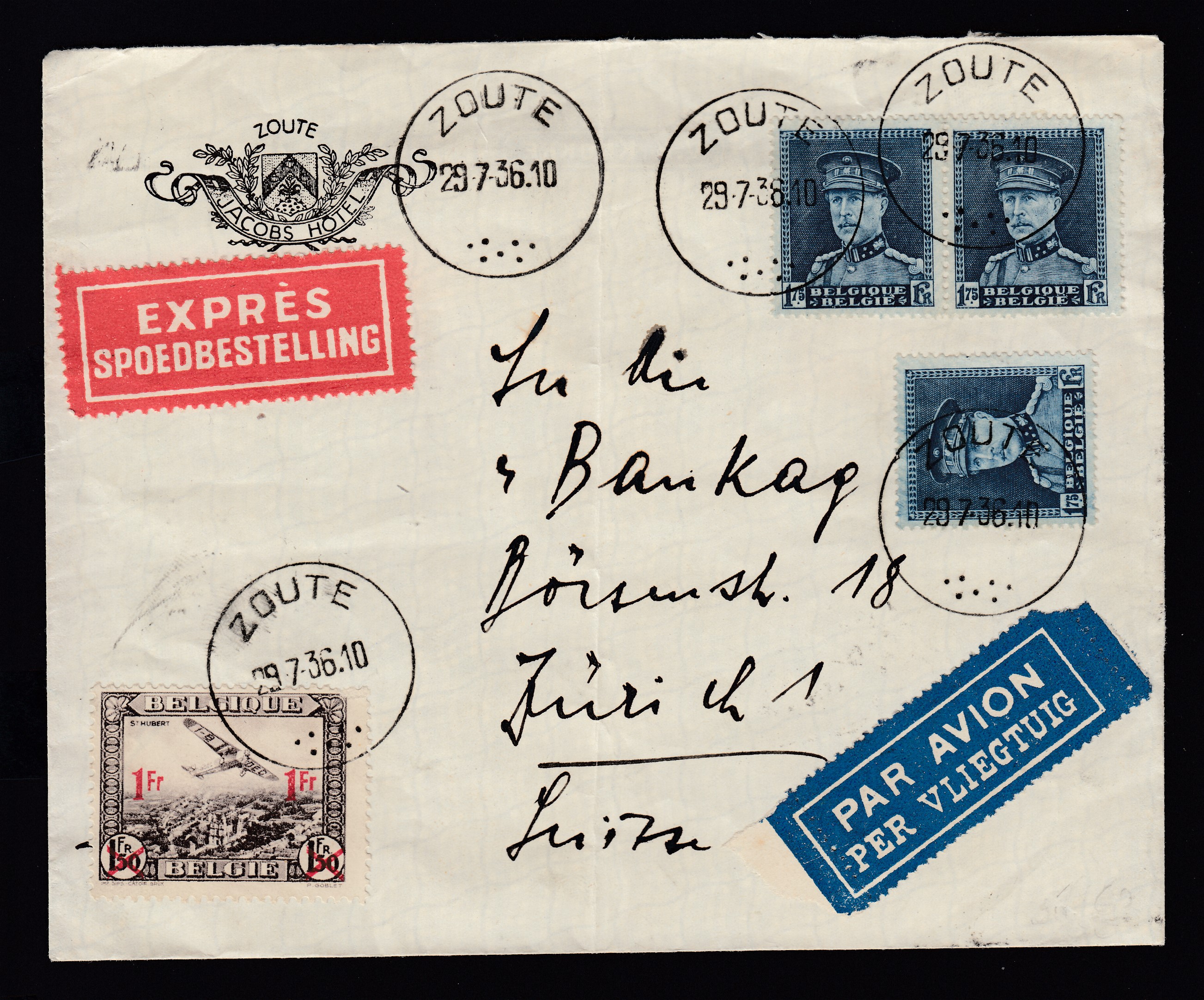 320x3 +Pa6 sur lettre par avion et en exprès de Zoute le 29.7.1936 (Jacobs Hotel) vers Zurich. Càd au verso.