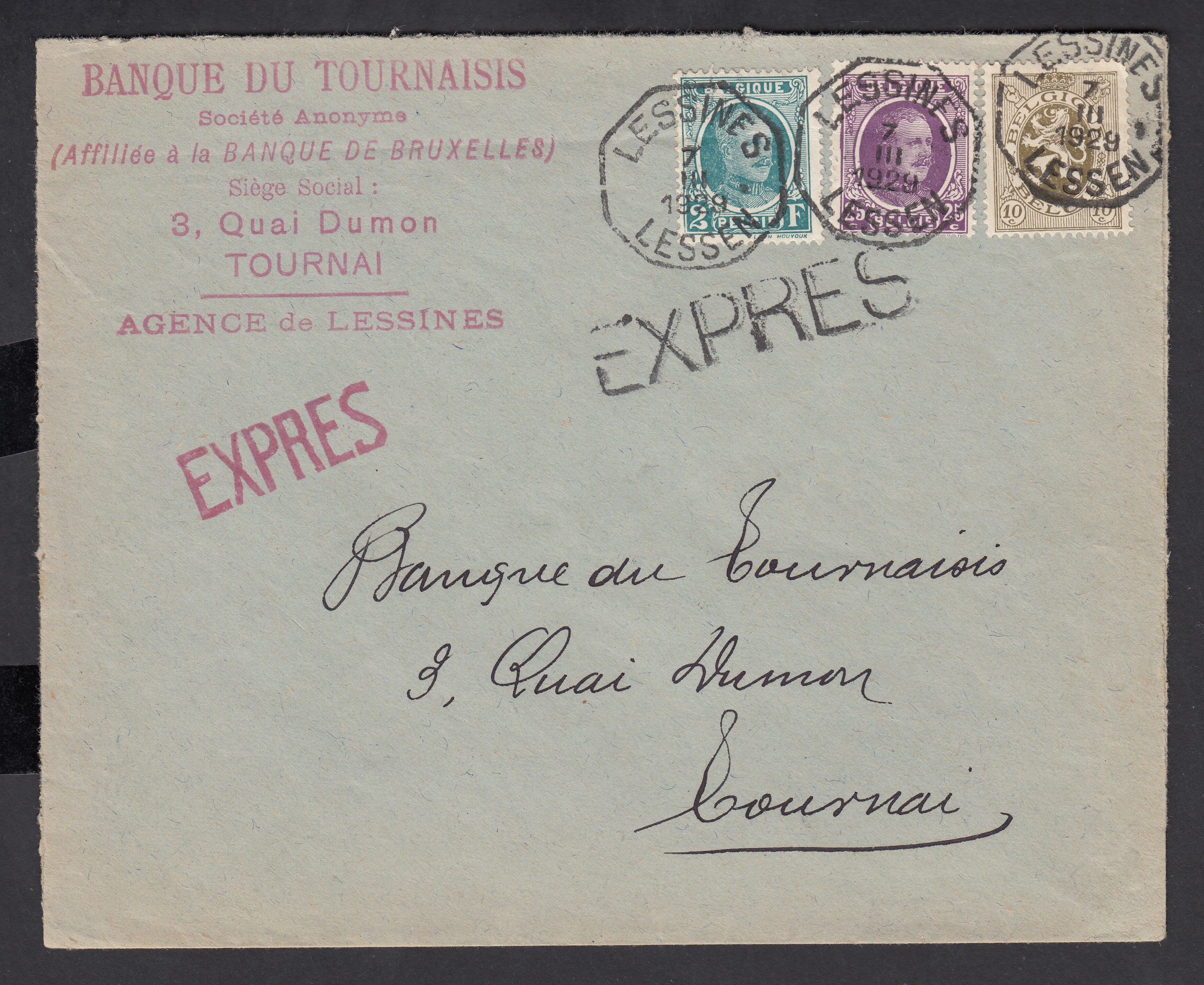 198 +208 +280 sur lettre en exprès de Lessines le 7.III.1929 vers Tournai.