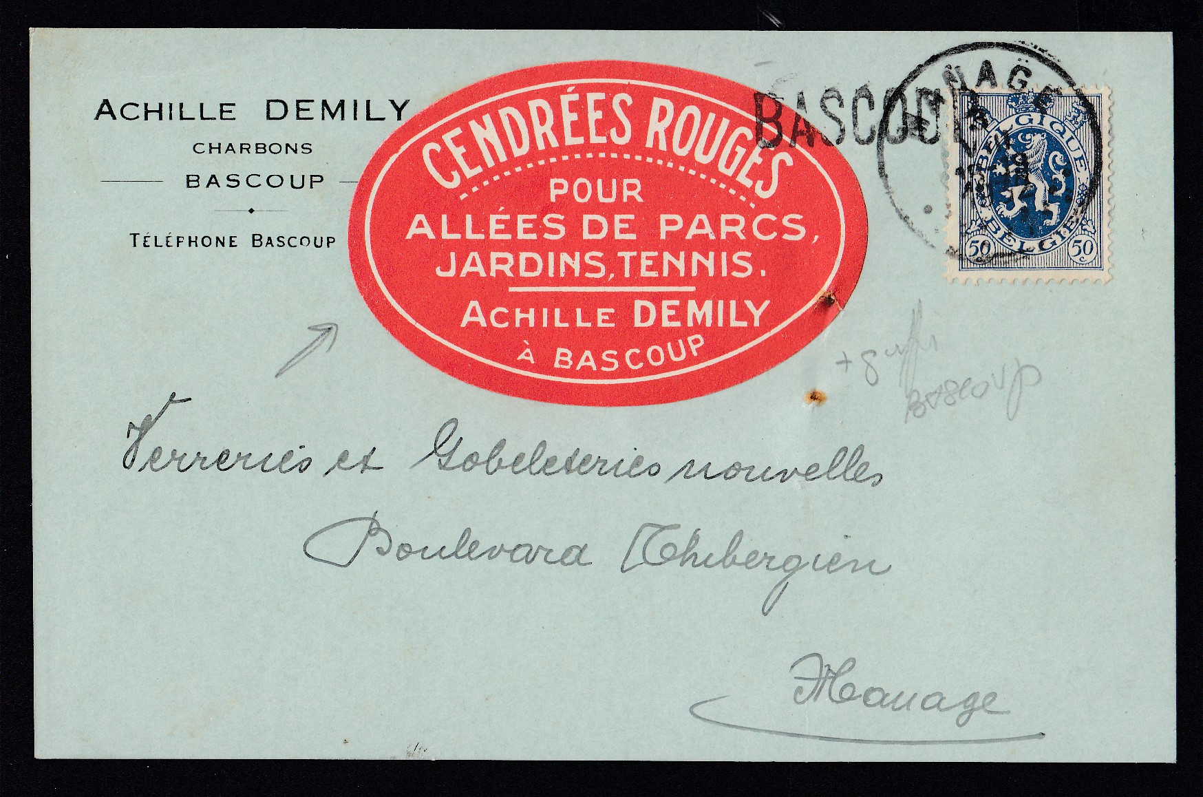 n°285 + vignette commerciale (Jardins..) sur CP imrpimée expédiée de Manage + griffe à l'origine BASCOUP > Manage. 