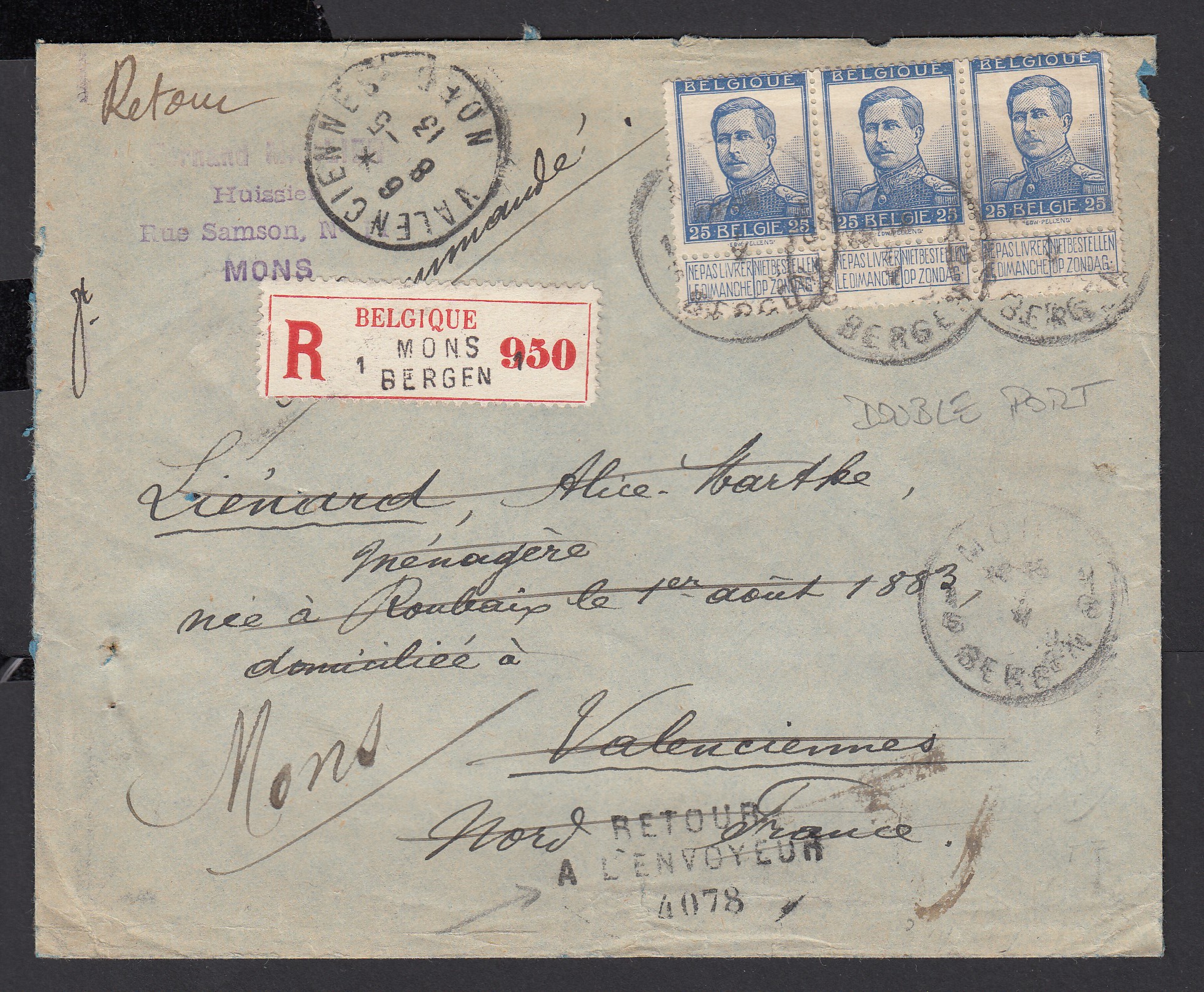 Pellens - n°120 en bande de 3 sur lettre en recommandé de Mons vers Valenciennes (C