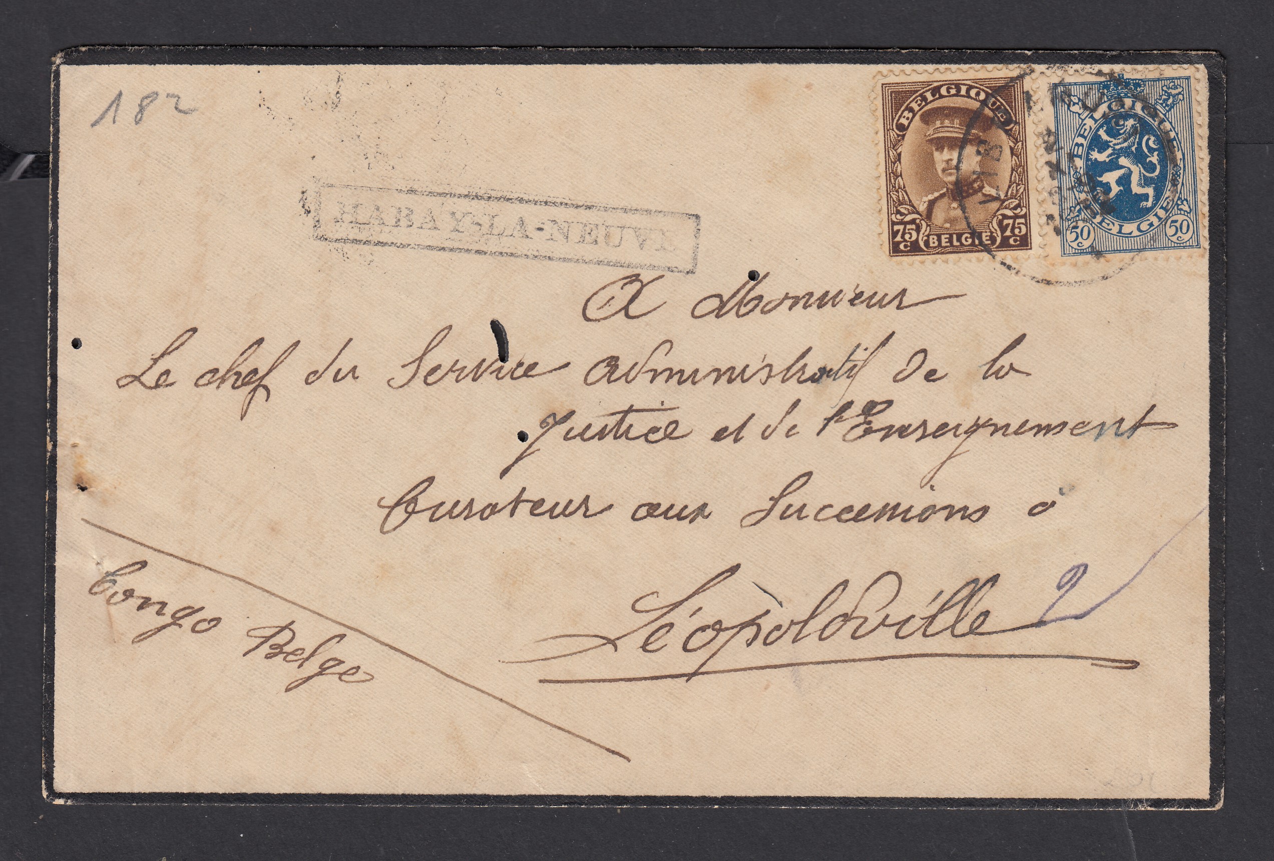 n°285 +341 sur lettre expédiée de Libramont le 2.X.1932 + griffe à l'origine HABAY-LA-NEUVE >  Léopoldville. Càd au verso.