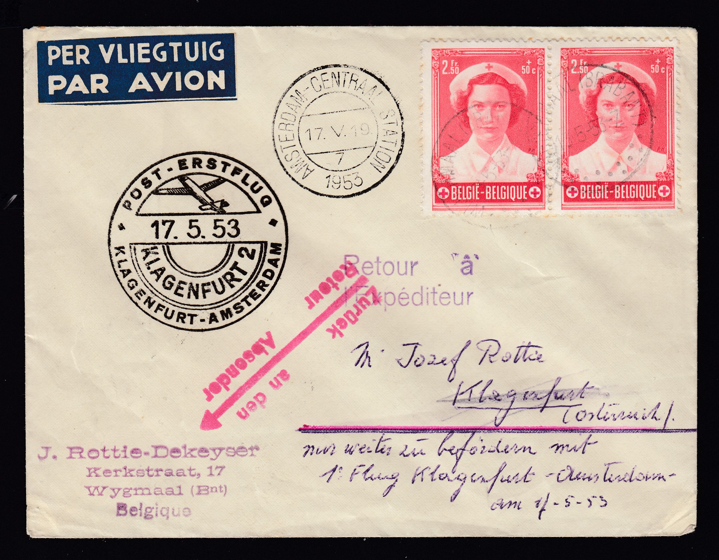 Vol KLAGENFURT-AMSTERDAM du 17 mai 1953 : 915 sur lettre par avion de Wijchemaal via Amsterdam le 17.V.1953 vers Klagenfurt. Retour.