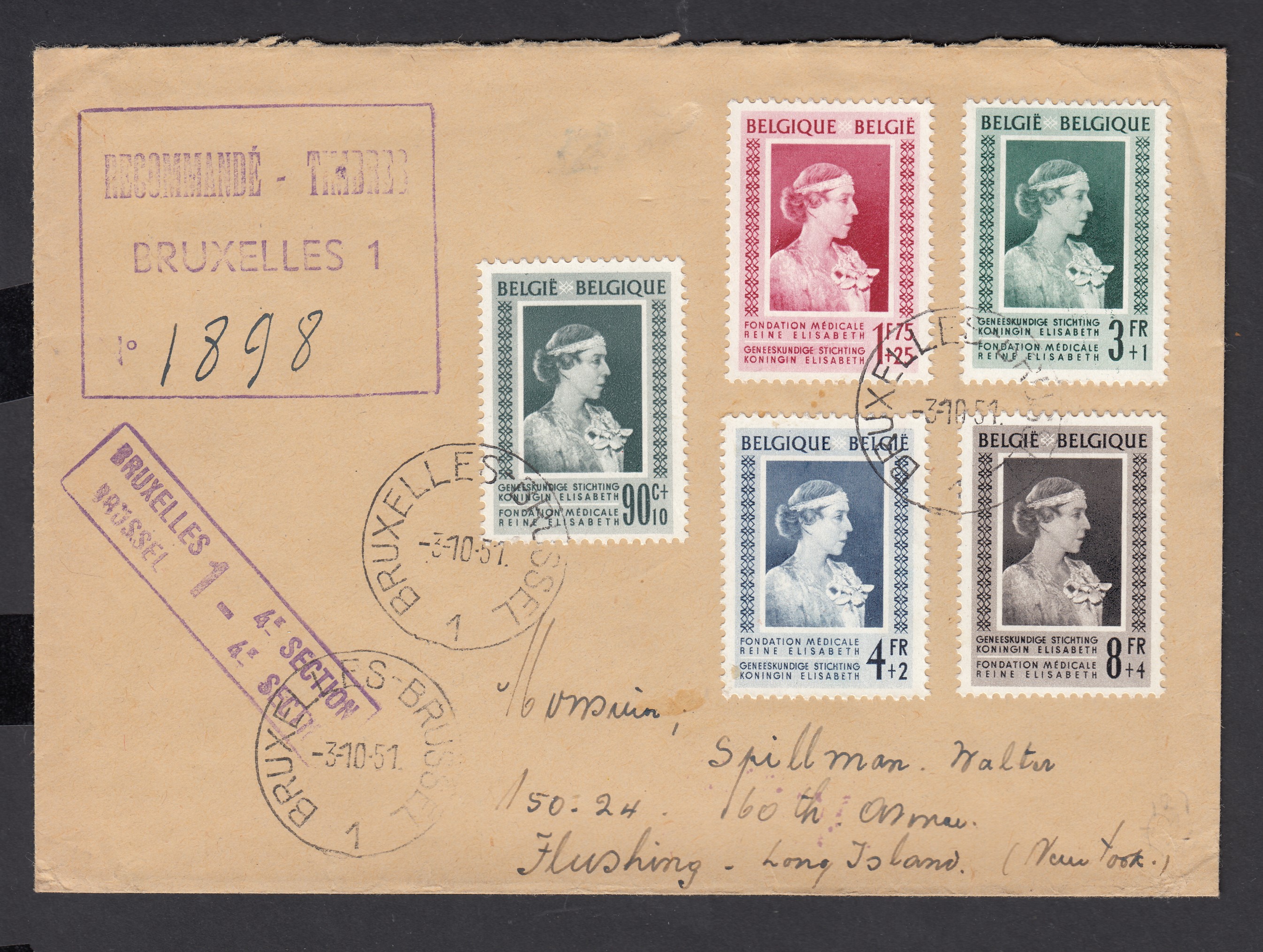 863/67 sur lettre en recommandé (Griffe encadrée) de BXL. le 3.X.1951 vers Long Island, USA. Càd au verso.