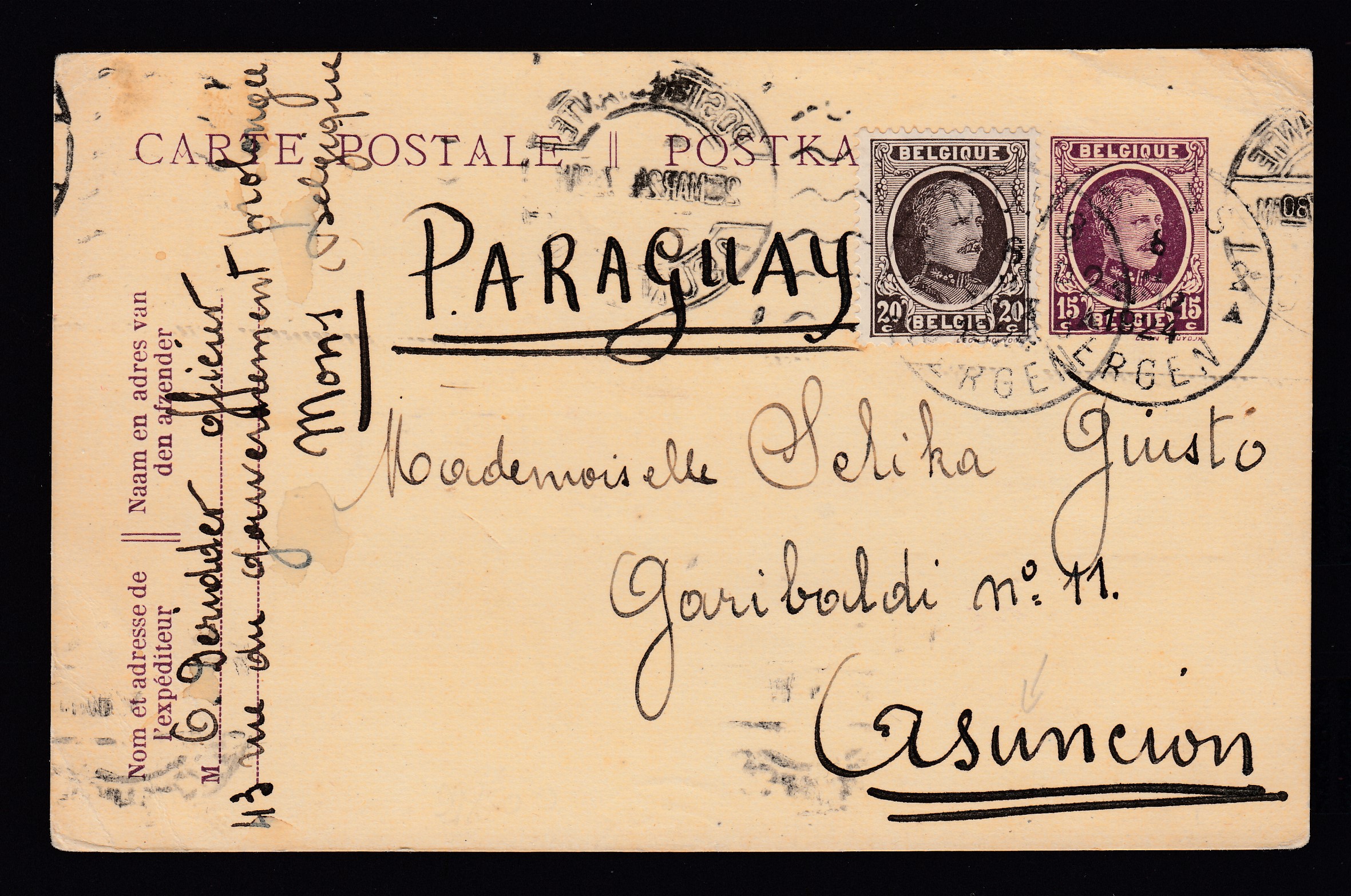 196 sur Ep15c type « Houyoux » expédié de Mons le 6.II.1924 à destination d'Ascuncion, Paraguay. Càd au verso. Destination ! TB