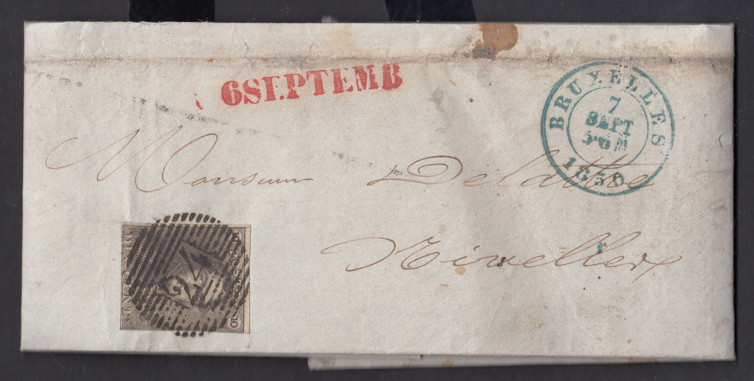 1 touché sur LAC ( Facture « Marché aux grains ») de BXL. ( Griffe linéaire en rouge 6STPTEMB) le 7 sept 1850 vers Nivelles. Càd au verso.