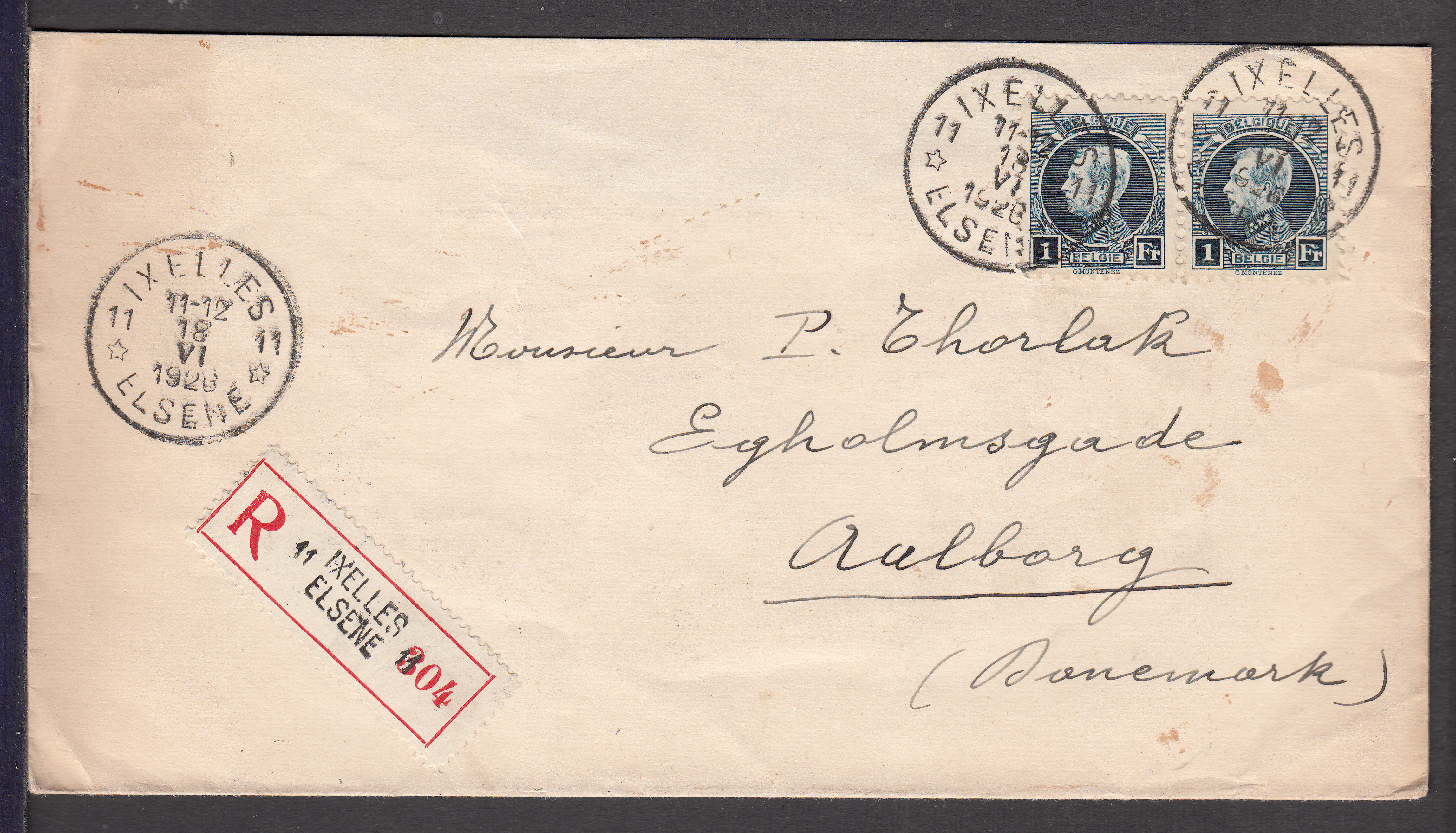 Petit montenez - n°215 (x2) sur lettre en recommandé de Ixelles-Elsene ( Cachet agence 11 ) le 18.6.1928 vers Aalborg au Danemark. Cachet d'arrivée au verso.