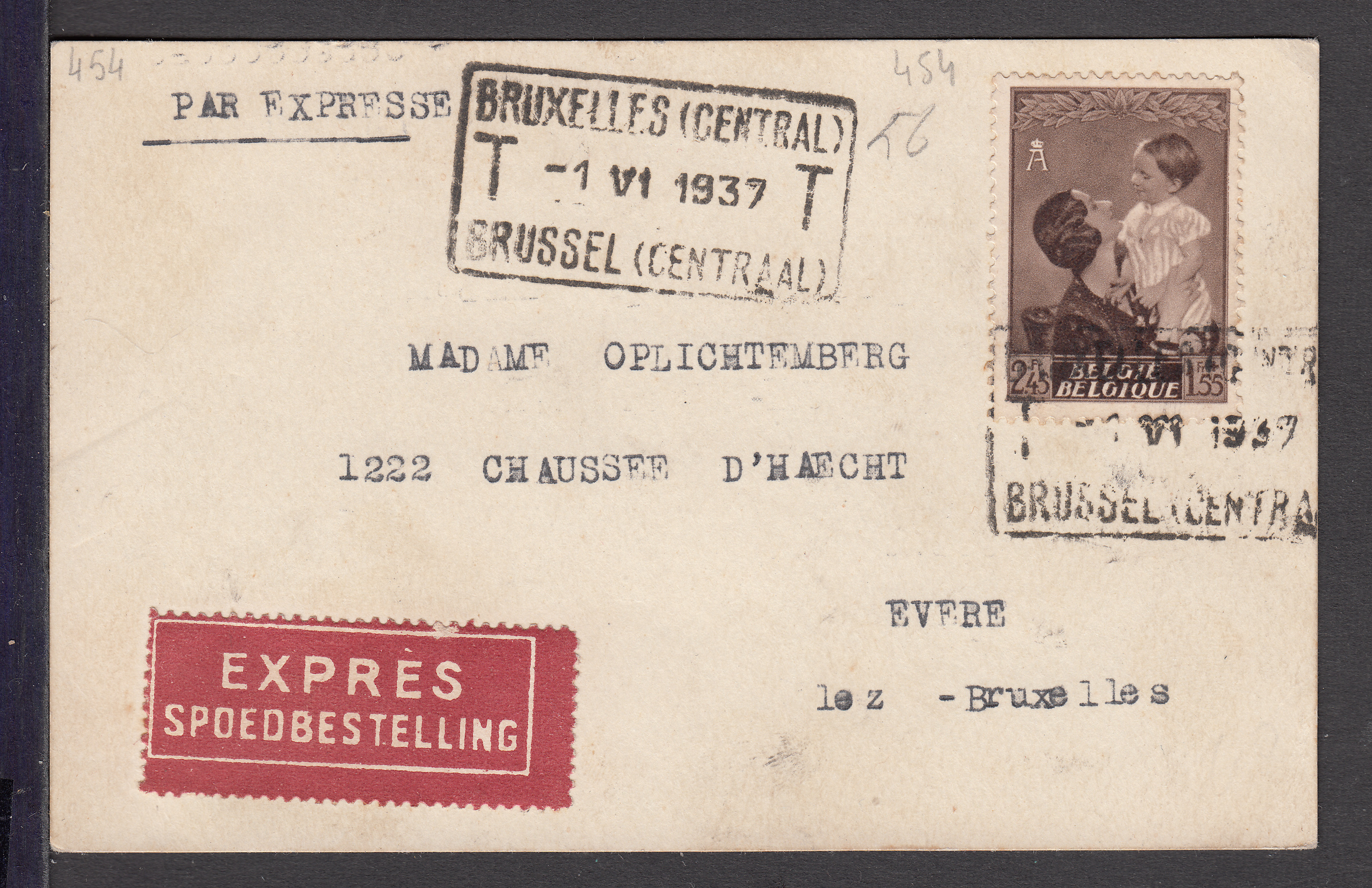 454 sur Cp en exprès de Bxl le 1.VI.137 (Cachet rectangulaire "Bxl Central" ) à destination d'Evere."