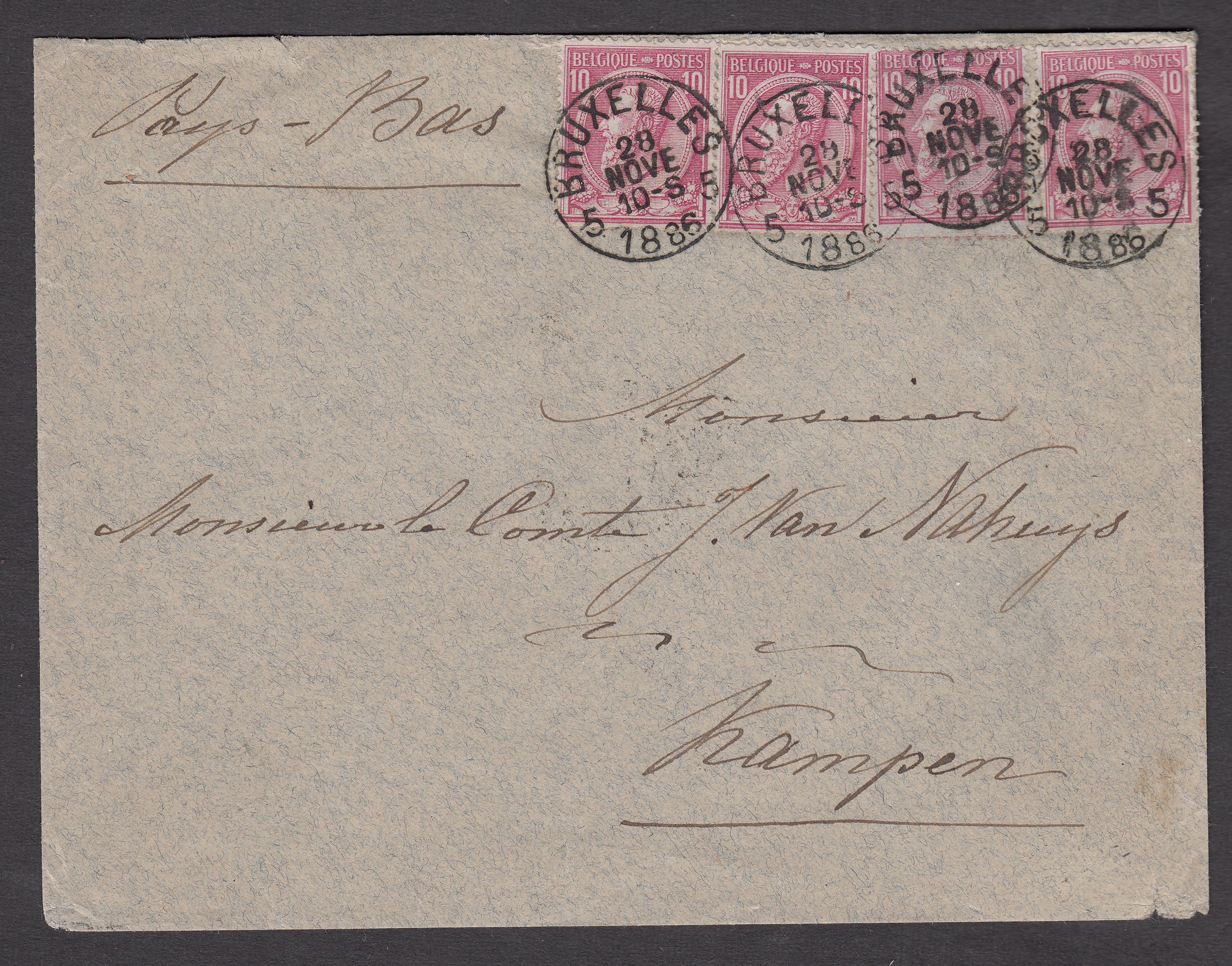 n°46 x4 sur lettre de Bxl le 28 nove 1886 vers Kempen aux Pays-Bas. Cachet d'arrivée +griffe encadrée "C 4" au verso."