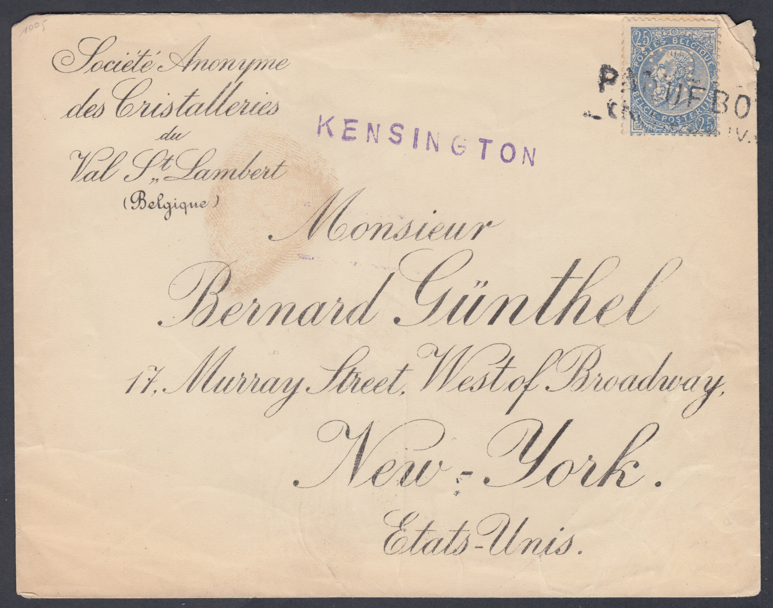 n°60 perforé - S.A. des Cristalleries du Val St Lambert - annulé par griffe "Paquebot" + griffe Kensington, vers New-York, arrivée au verso 11/2/04."