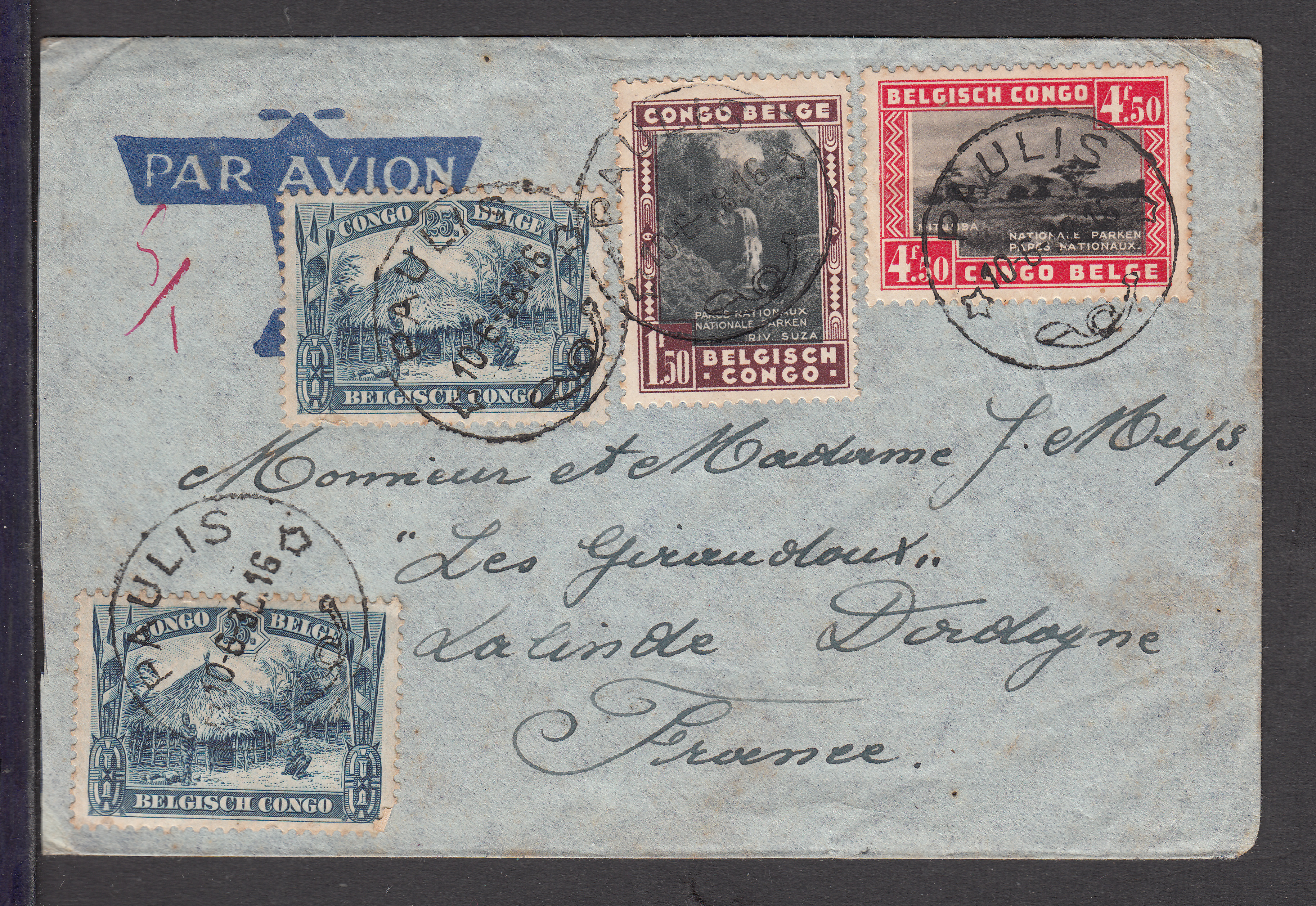 Congo Belge - n°171 x2 +199 +202 sur lettre par avion de Paulis le 10.6.1938 vers Lalinde en France. Cachet de passage à Stanleyville +cachet d'arrivée le 23.6.38 au verso.