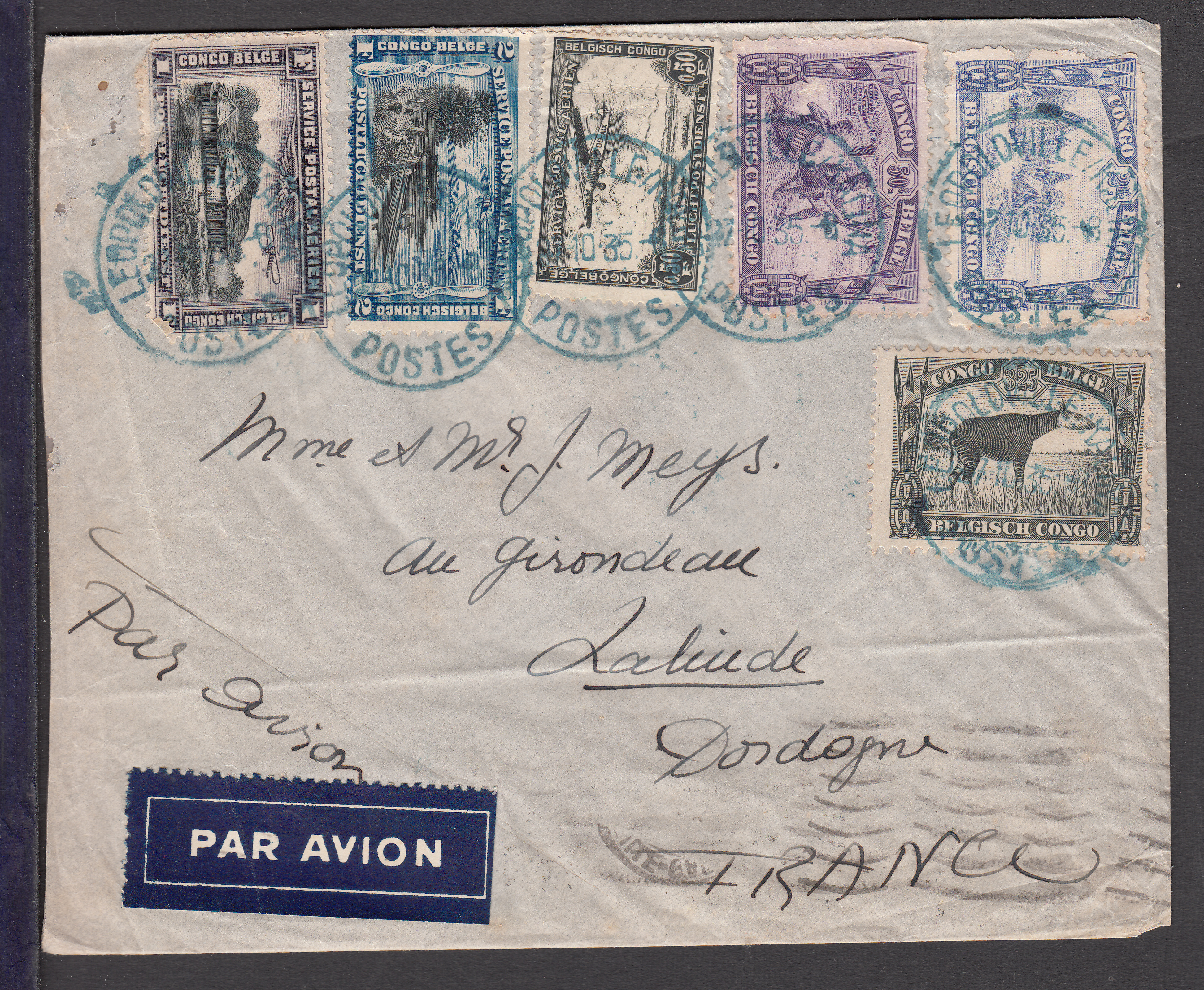 Congo Belge - n°171 (verso) +173 +178 +179 +Pa1/3 (déf) sur lettre par avion de Léopoldville-Kamina (cachet bleu) le 27.10.35 vers Lalinde en France. Cachet "Marseille-Gare" du 1/11" + cachet d'arrivée au verso."