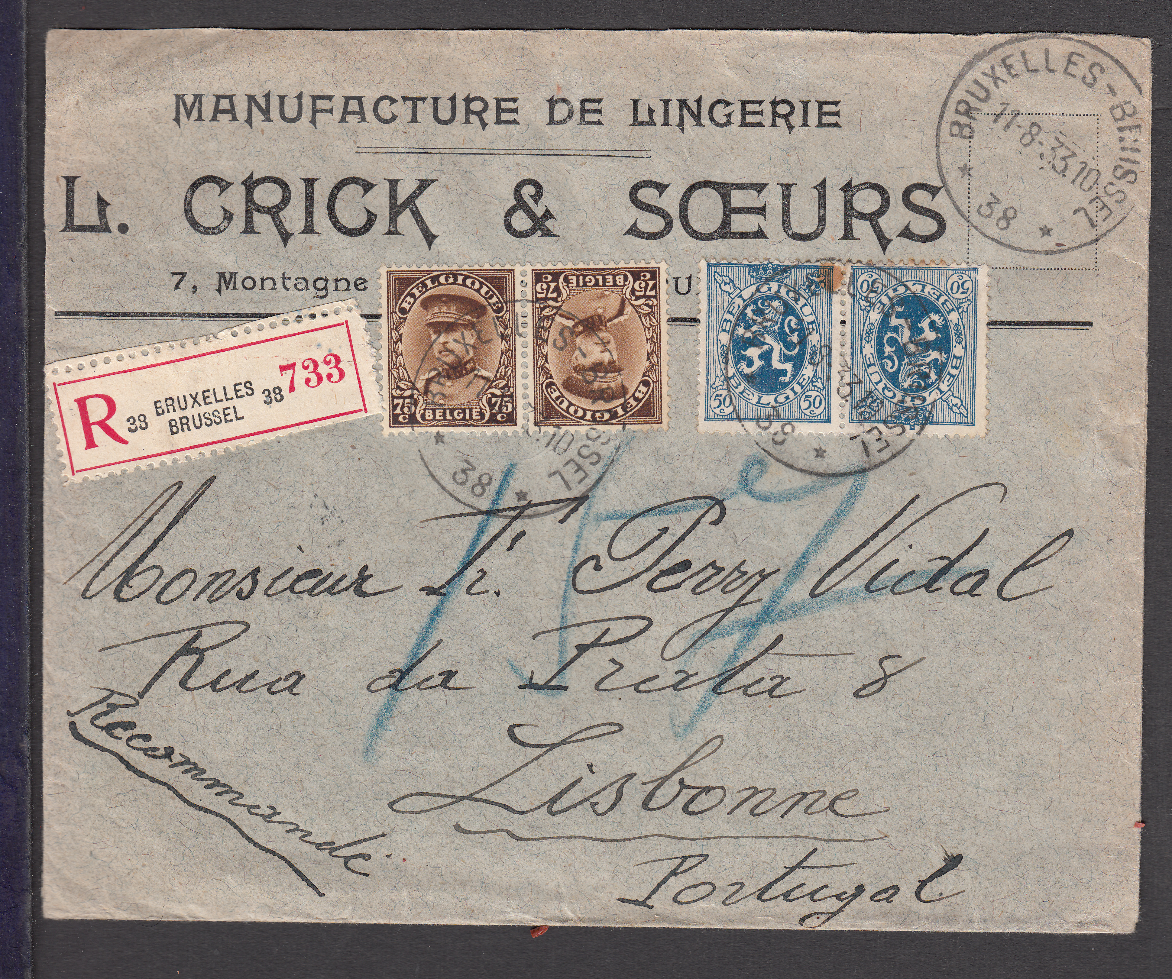 KP8 +KP15 +au verso PU65 +PU69 sur lettre en recommandé du bureau agence Bxl "38" le 11.8.1933 vers Lisbonne. Cachet d'arrivée au verso."