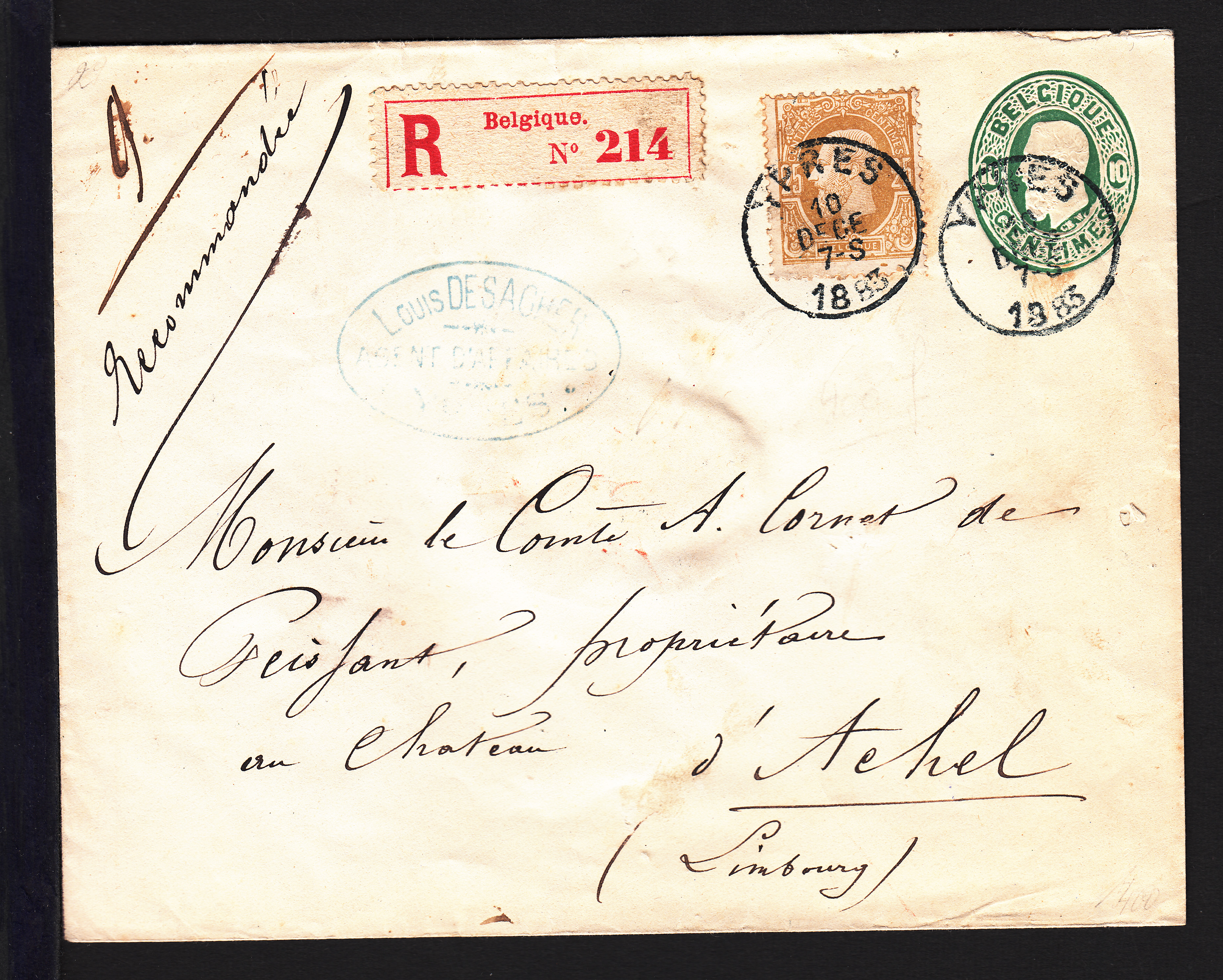 n°32 sur Ep enveloppe de 10c en recommandé de Ypres le 10 DECE 1883 à destination d'Achel (Limbourg). Cachet de passage à Liège (Guillemins) + cachet d'arrivée au verso.