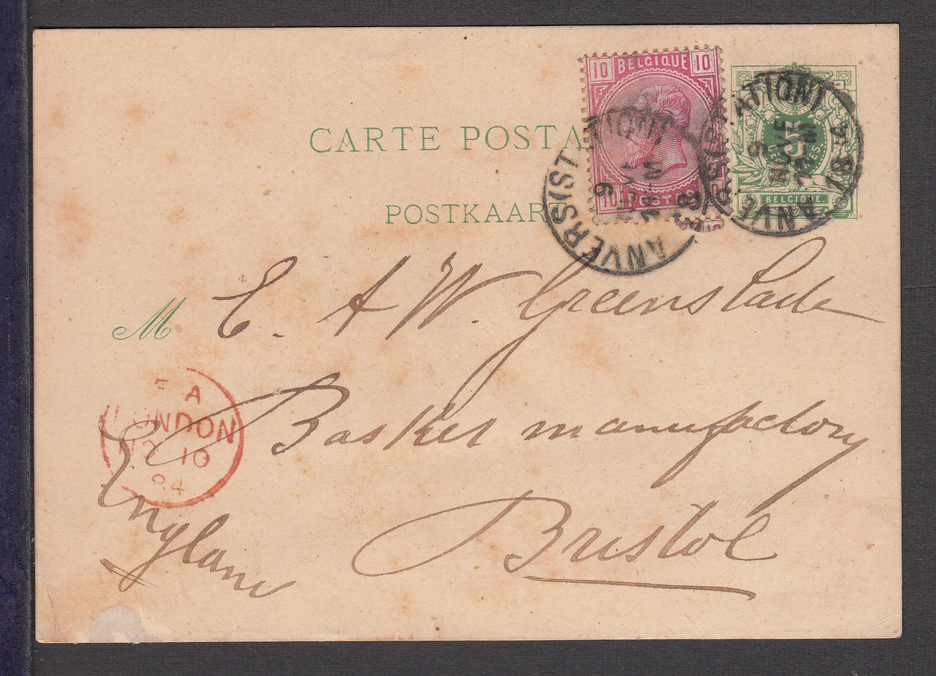 n°38 sur Ep5c type "Lion couché Tp 45" d'Anvers (Station) le 9 NOVE 1884 vers Bristol. Cachet d'arrivée à Londres le 10 Nov au recto. TB et R"