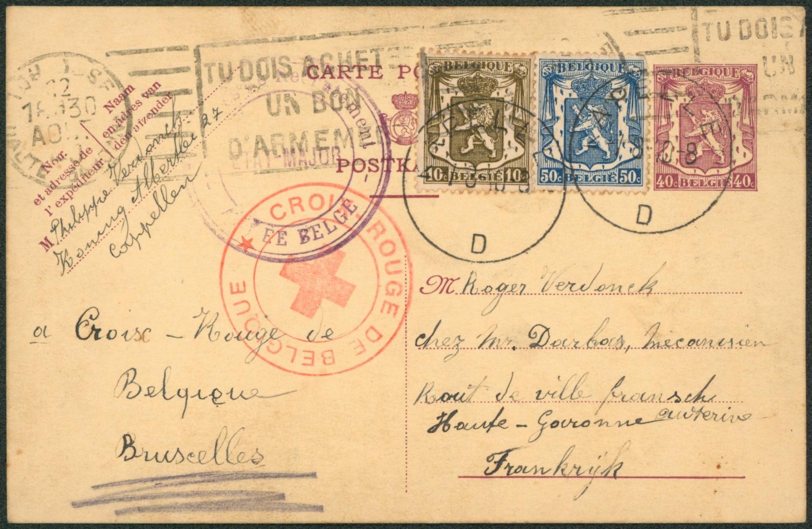 EP au type 40ctm lilas + affranch. Complémentaire petit sceau de l'état expédié de Cappellen + cachet "croix-rouge de Belgique" > France. "