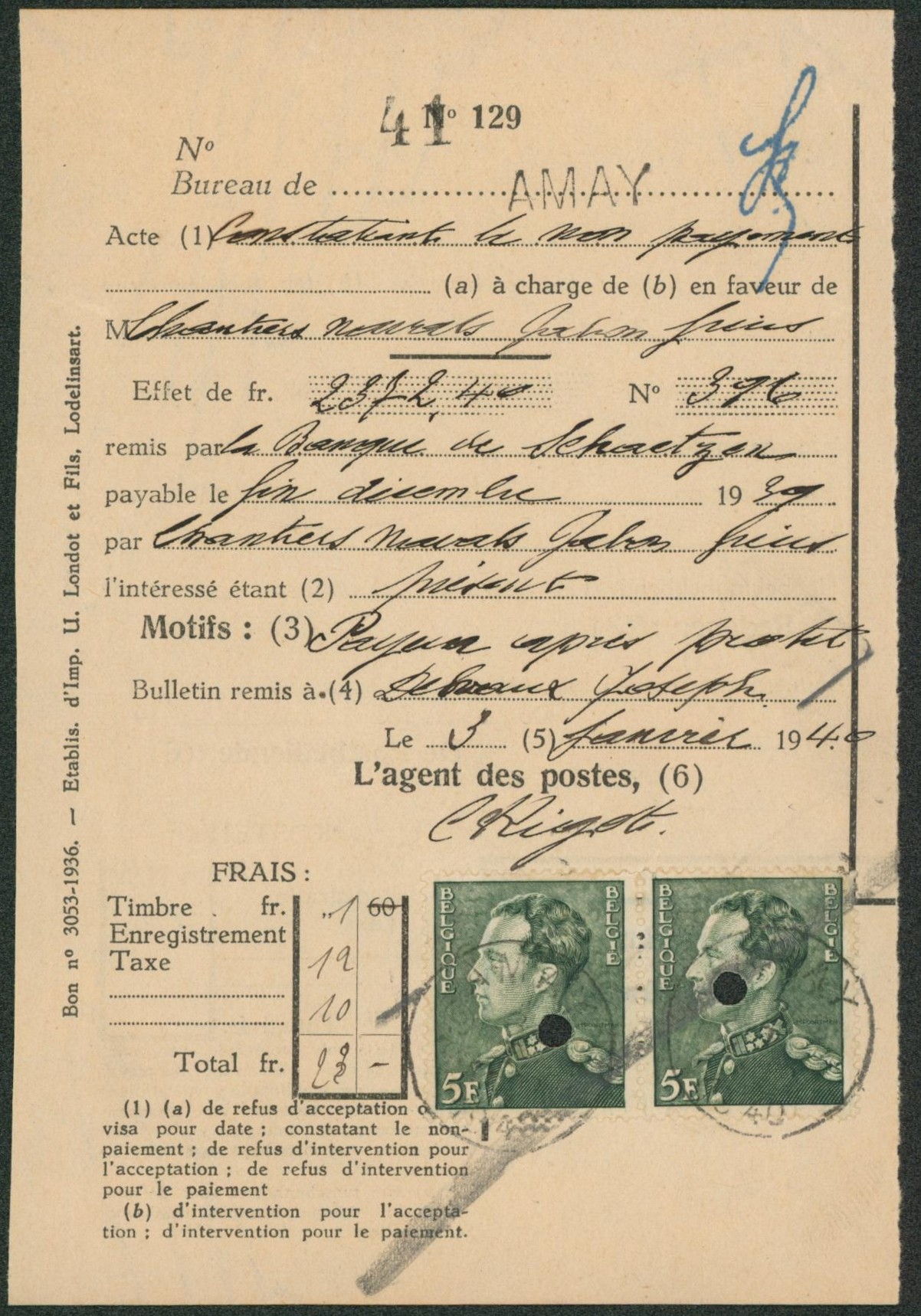 Poortman - n°433 en paire sur protet de non paiement d'effet, bureau d'Amay + perforation