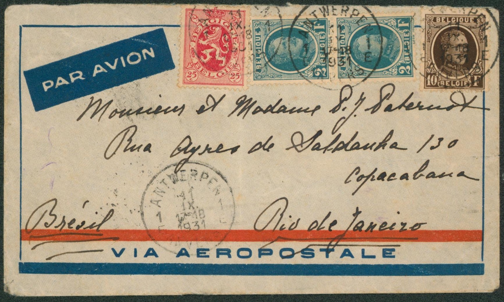 n°208 en paire, 210 et 282 sur lettre par avion de Antwerpen 11/11 > Rio De Janeiro (Brésil). TB 