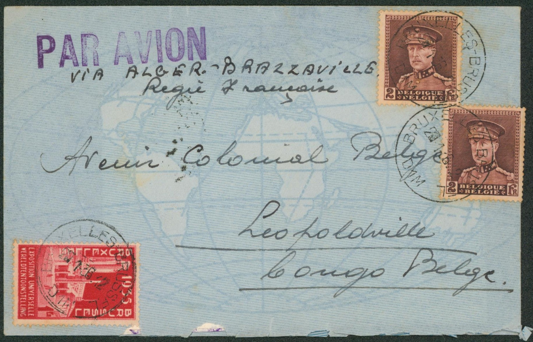 n°321 x2 + 387 sur lettre par avion de Bruxelles > Léopoldville via Alger-Brazzaville