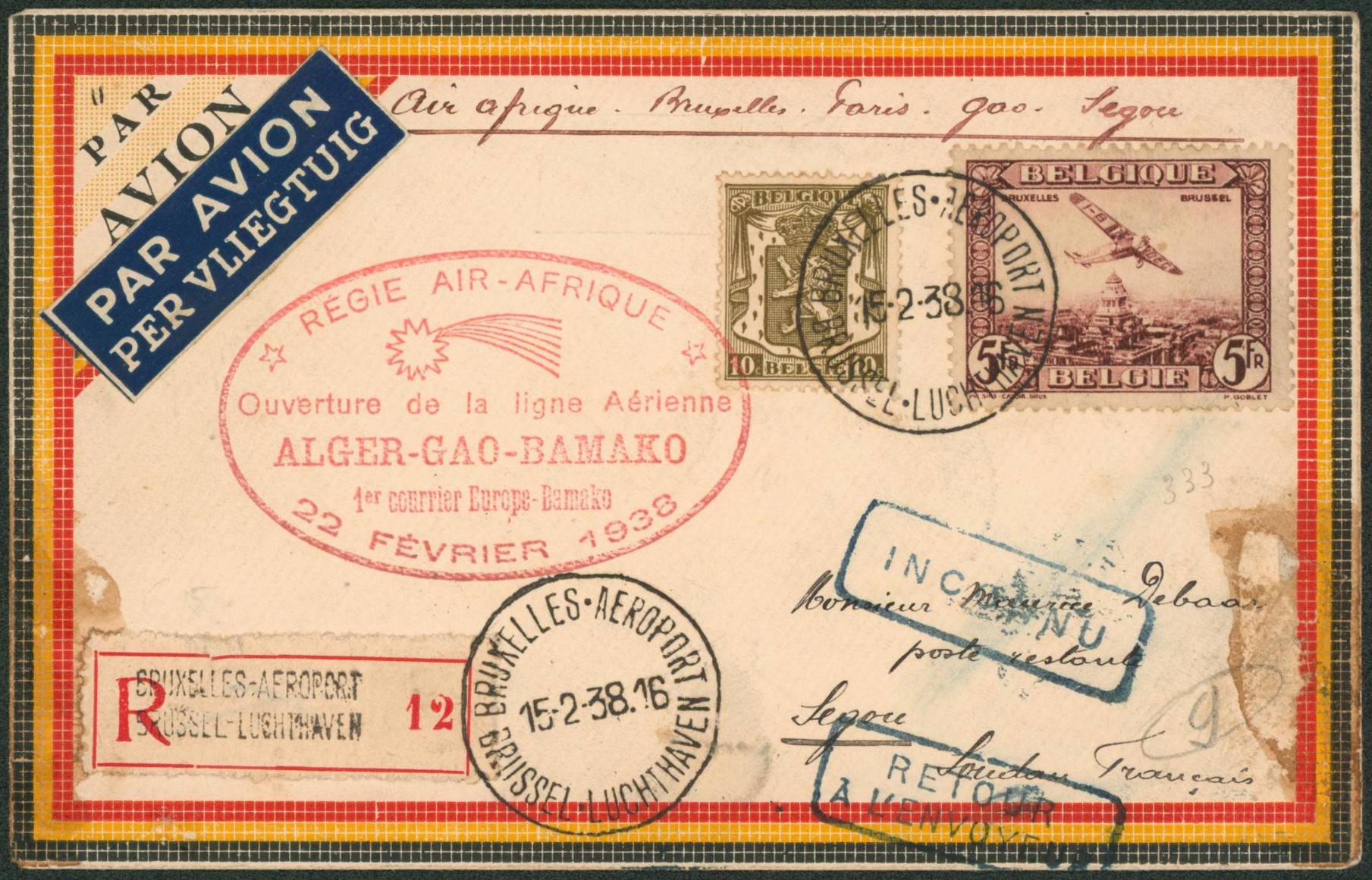 n°420 + PA4 sur lettre par avion de Bruxelles-Airport > Segou (Soudan français), ouverture de la ligne aérienne Alger-Gao-Bamako