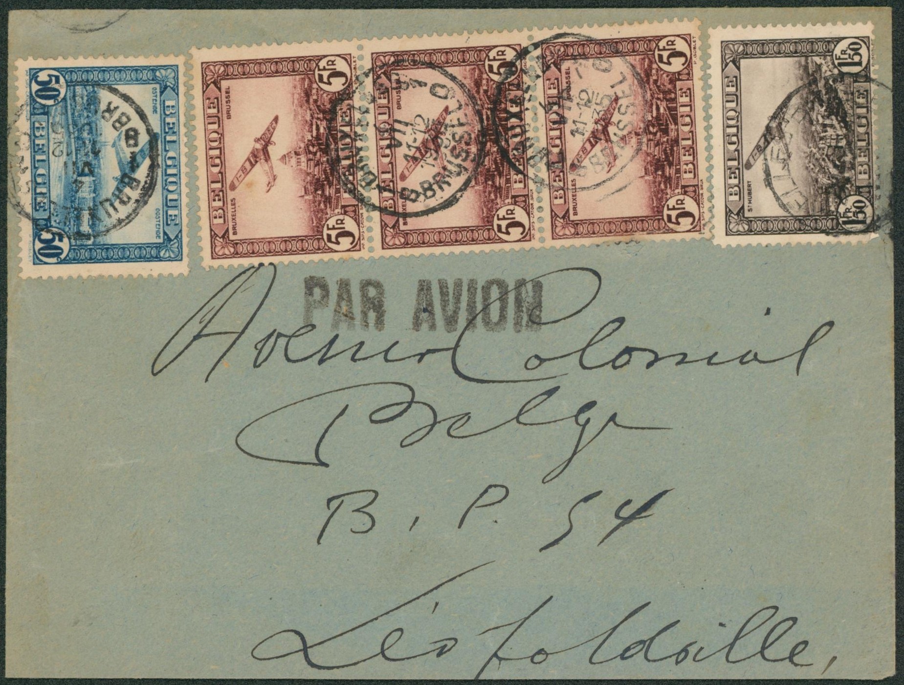 PA1, PA2 et PA4 x3 sur lettre par avion + griffe PAR AVION de Bruxelles > Léopoldville. TB