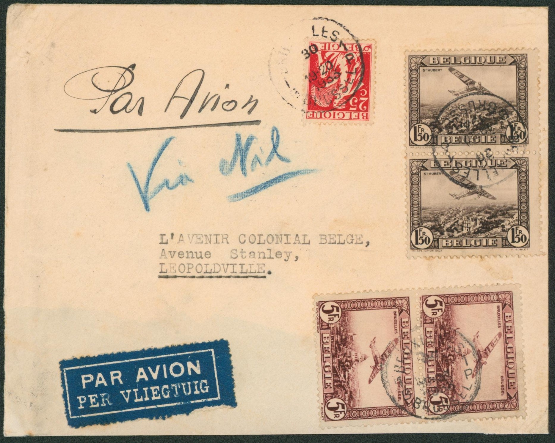 n°339, PA2 en paire et PA4 en paire sur lettre par avion de Bruxelles > Léopoldville via Le nil. Patte arrière manquante/