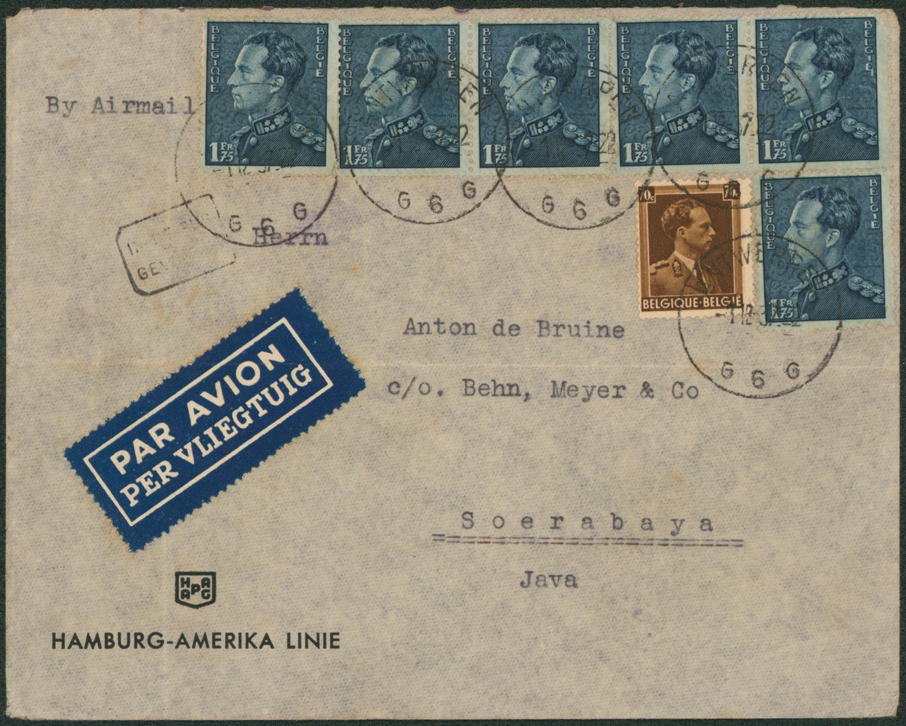 Affranch. Mixte (Poortman / Col ouverte) soit 11F20 ur lettre par avion de Antwerpen > Soerabaya (Java, Indes néerlandaises).