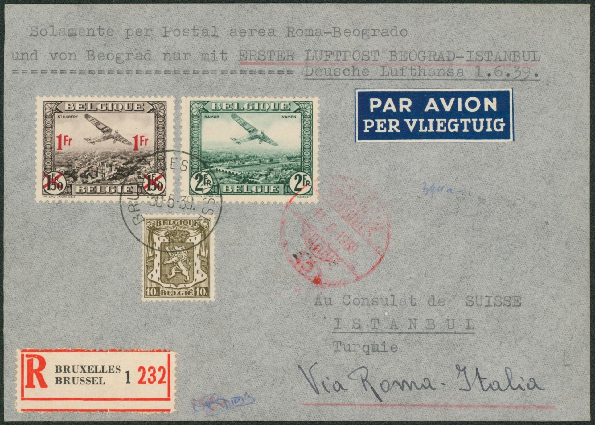 n°420, PA3 et PA6 sur lettre en recommandé par avion de Bruxelles > Consulat de Suisse à Istanbul (Turquie) / Deutsche lufthansa.