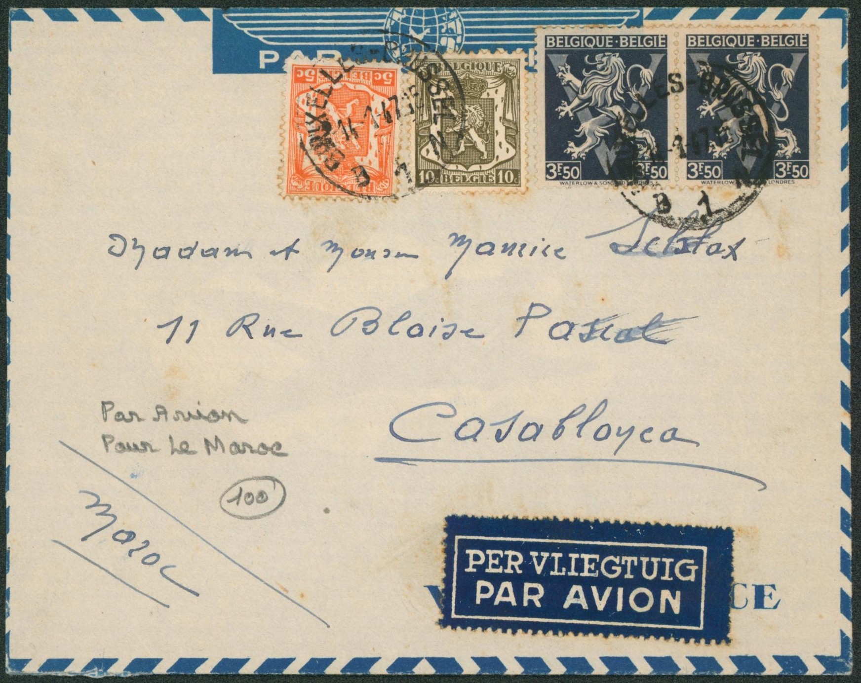 Affranch. Mixte sur lettre par avion de Bruxelles > Casablanca (Maroc)