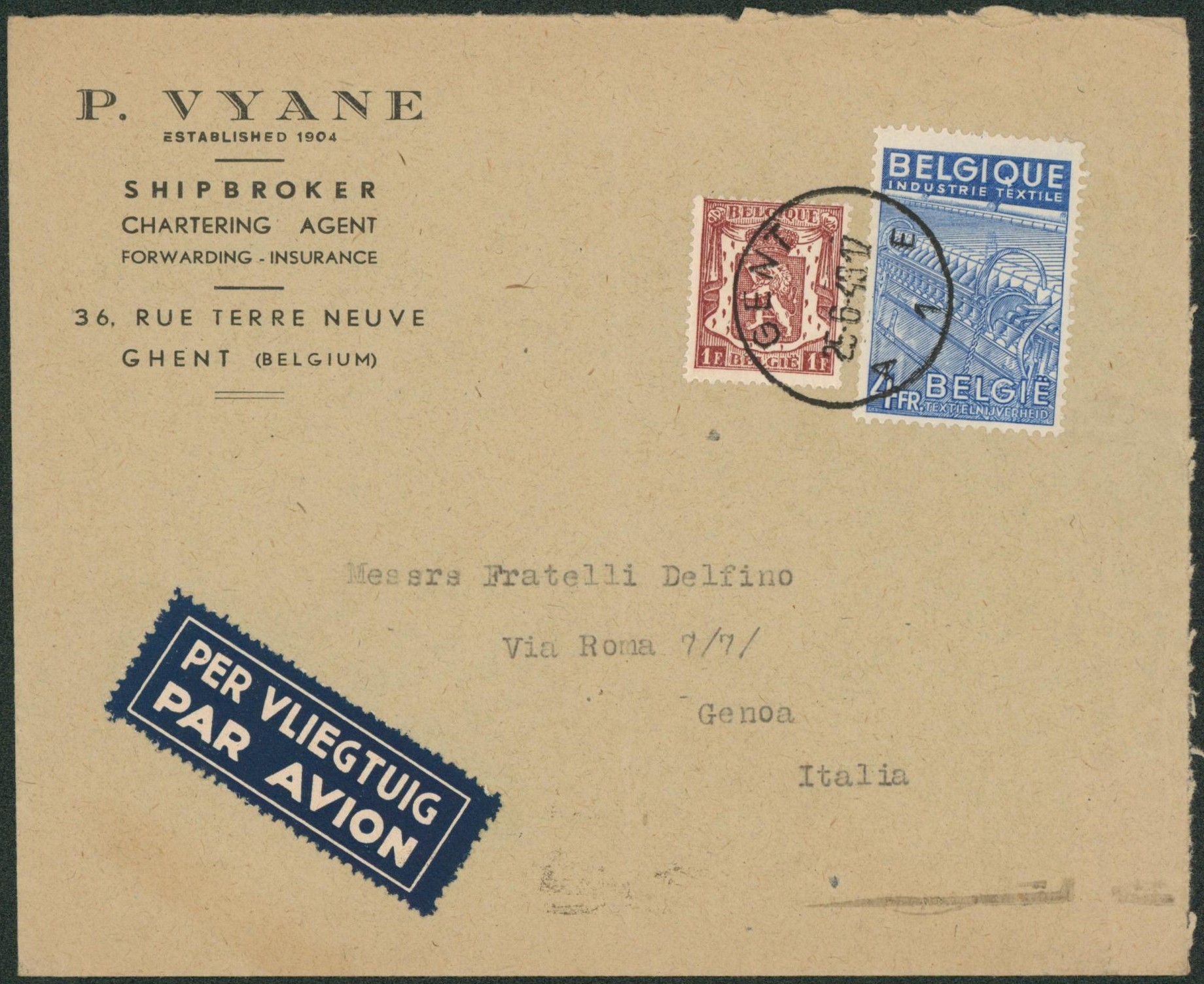 n°715 et 771 (exportation) sur lettre par avion de Gent > Genova (Italie)