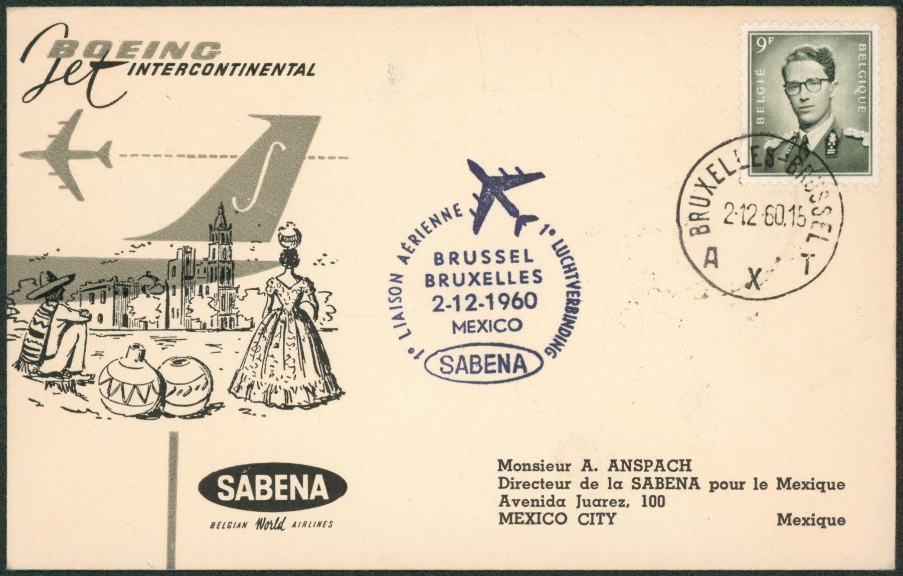 Baudouin à lunettes - n°1073 sur lettre SABENA de Bruxelles > Mexico (city)