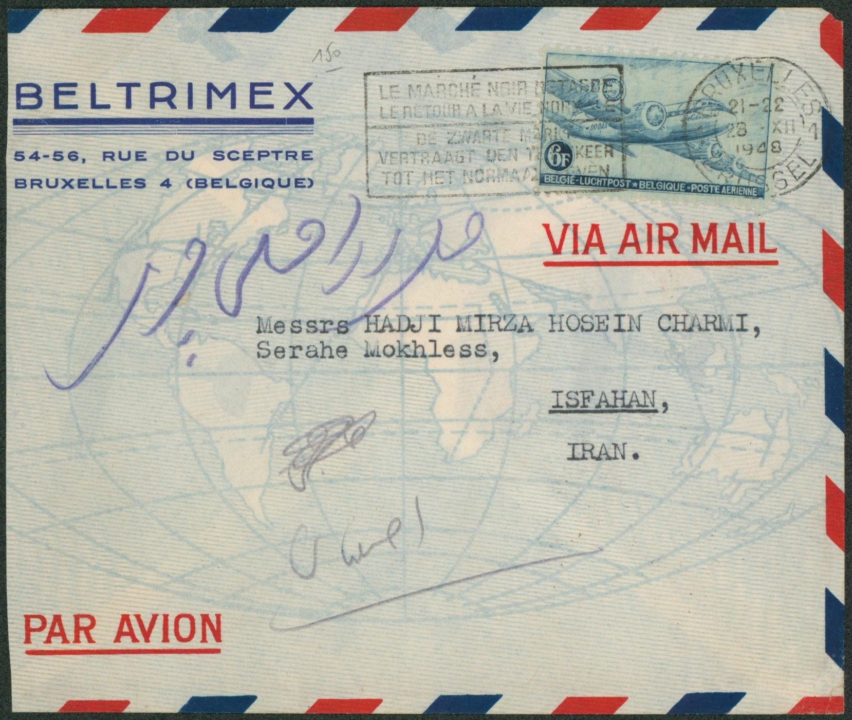 PA8 sur lettre par avion de Bruxelels > Isfahan (Iran). Destination, TB 