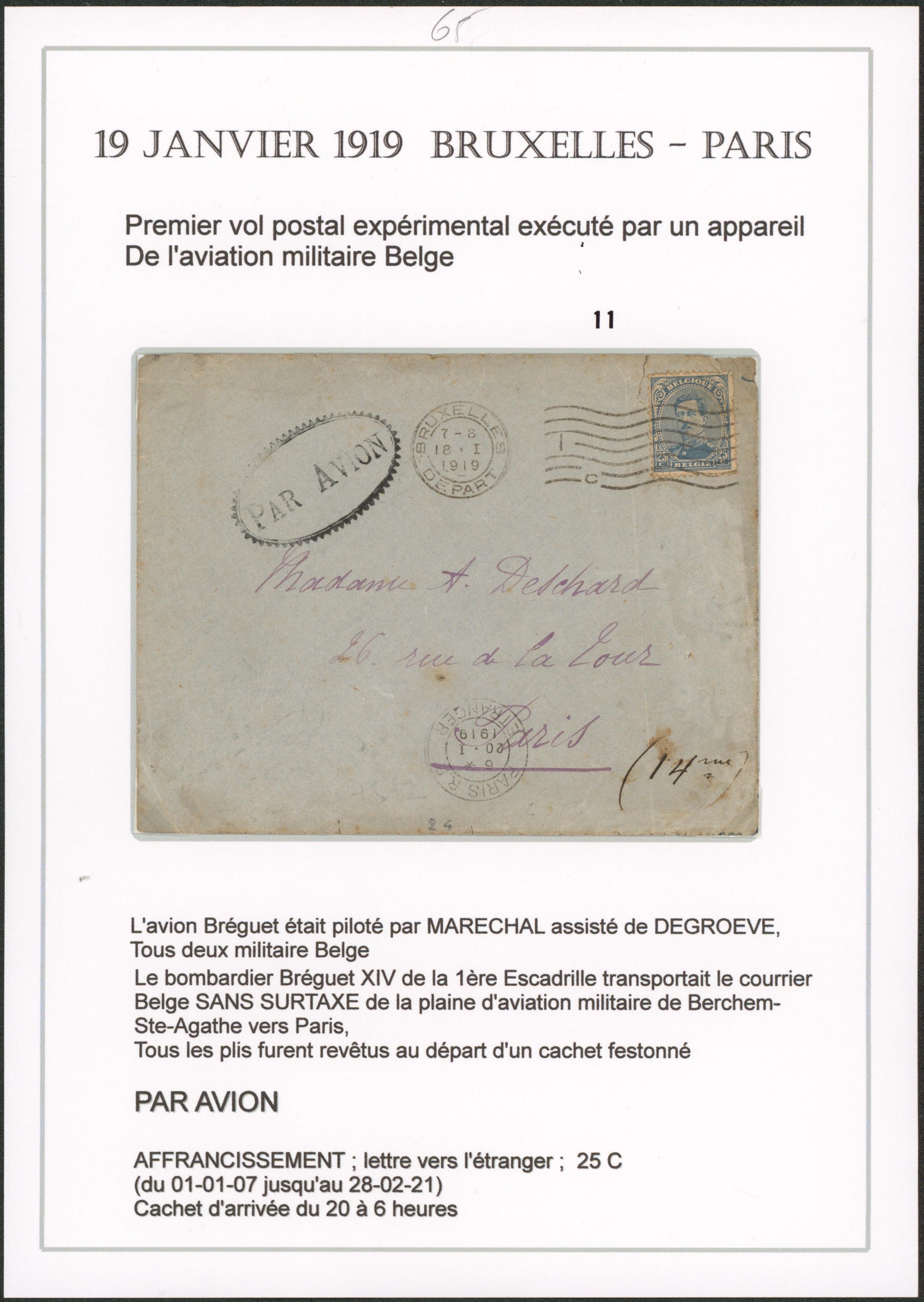 Page de collection - n°141 sur lettre expédié de Bruxelles + griffe festonné PAR AVION (R !) > Paris / Vol expérimental.