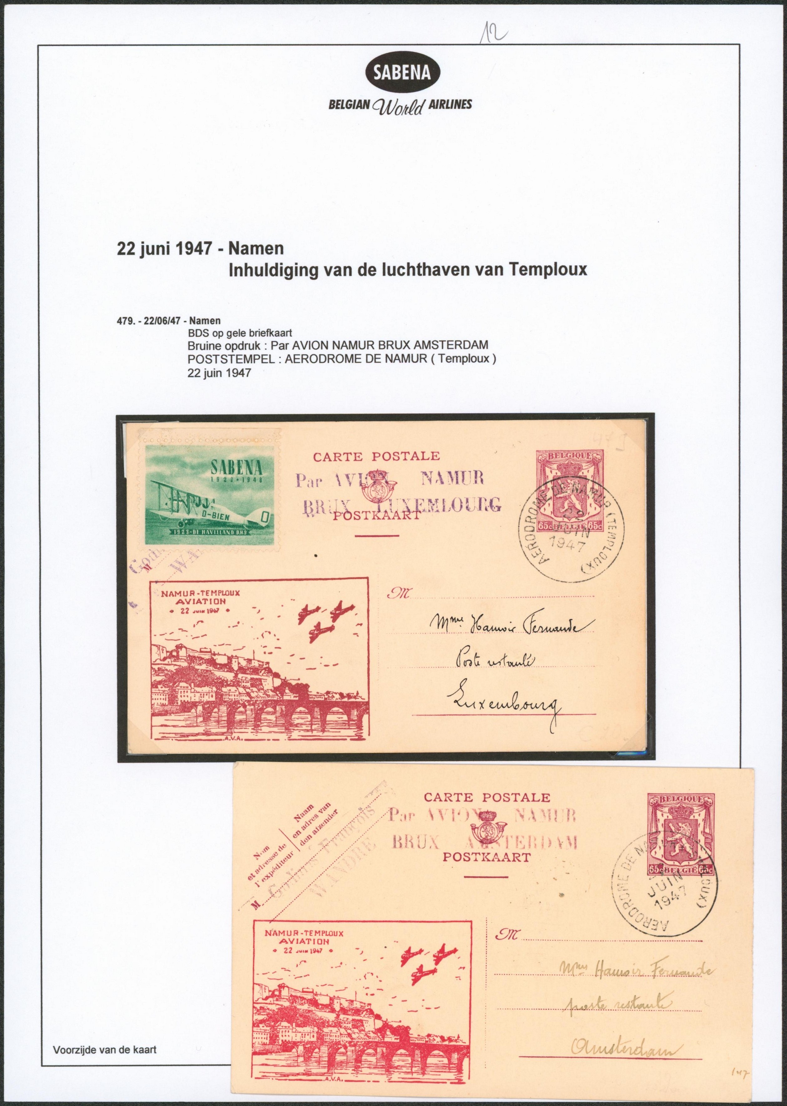 Page de collection - Ensemble de 2 entiers postaux + repiquage "Namur temploux aviation" et griffe PAR AVION NAMUR BRUX Luxembourg > Luxembourg et Amsterdam."