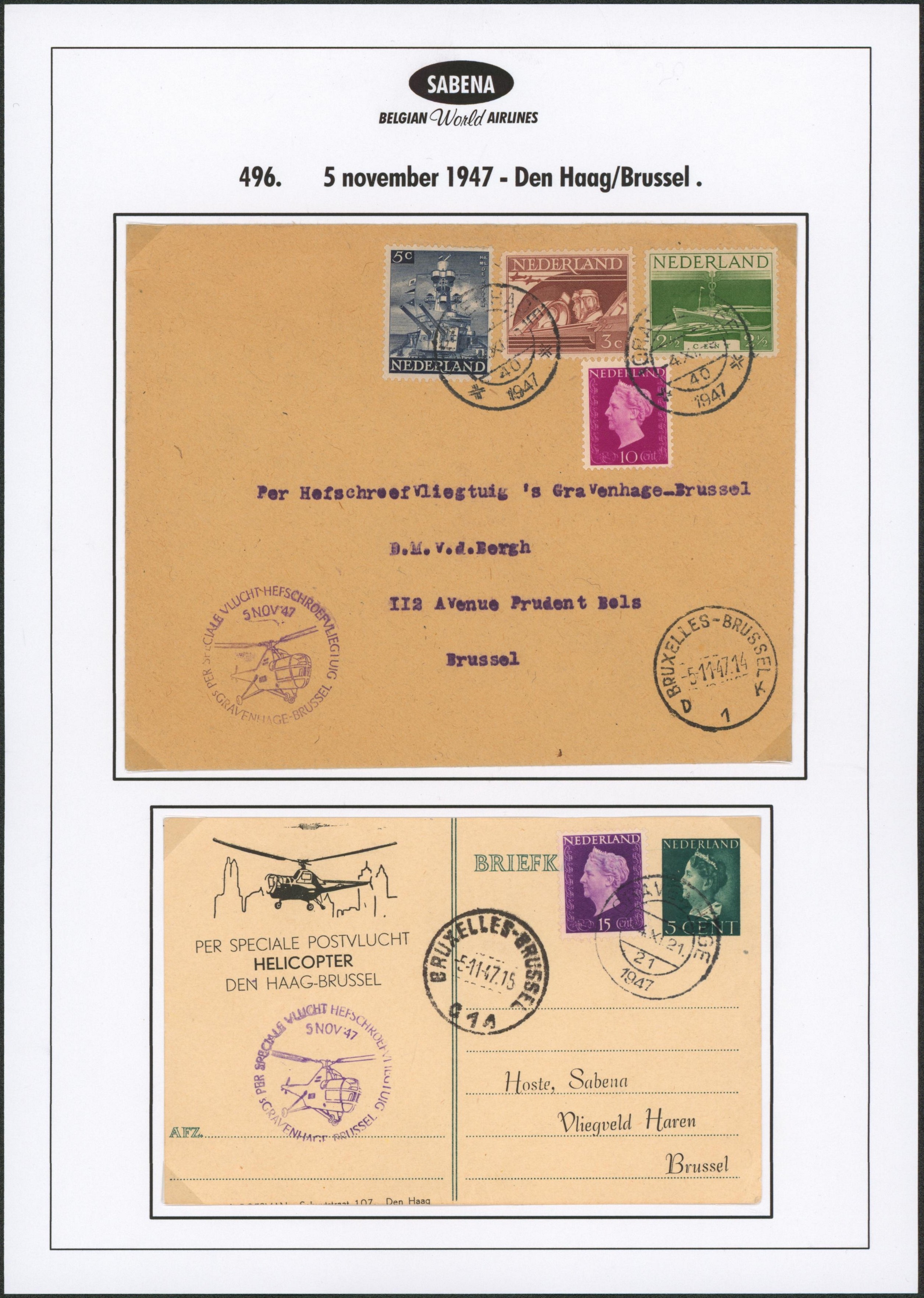 Page de collection - Vol spécial par hélicoptère / Special vlucht x2 lettres > Brussel.