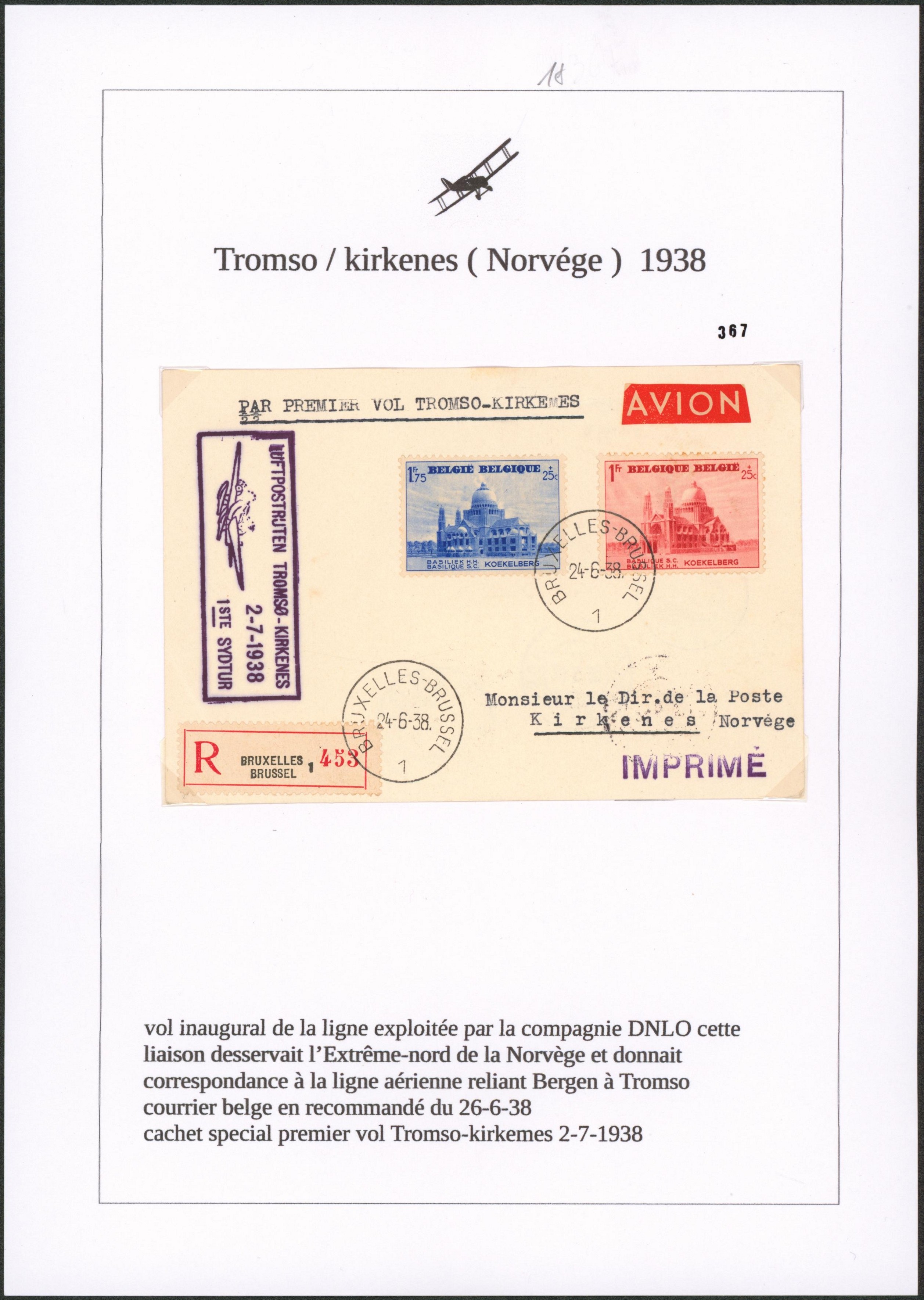 Page de collection - n°474/75 sur lettre par avion en recommandé "premier vol Tromso-Kirkenes" (Norvège), 1ste sydtur."