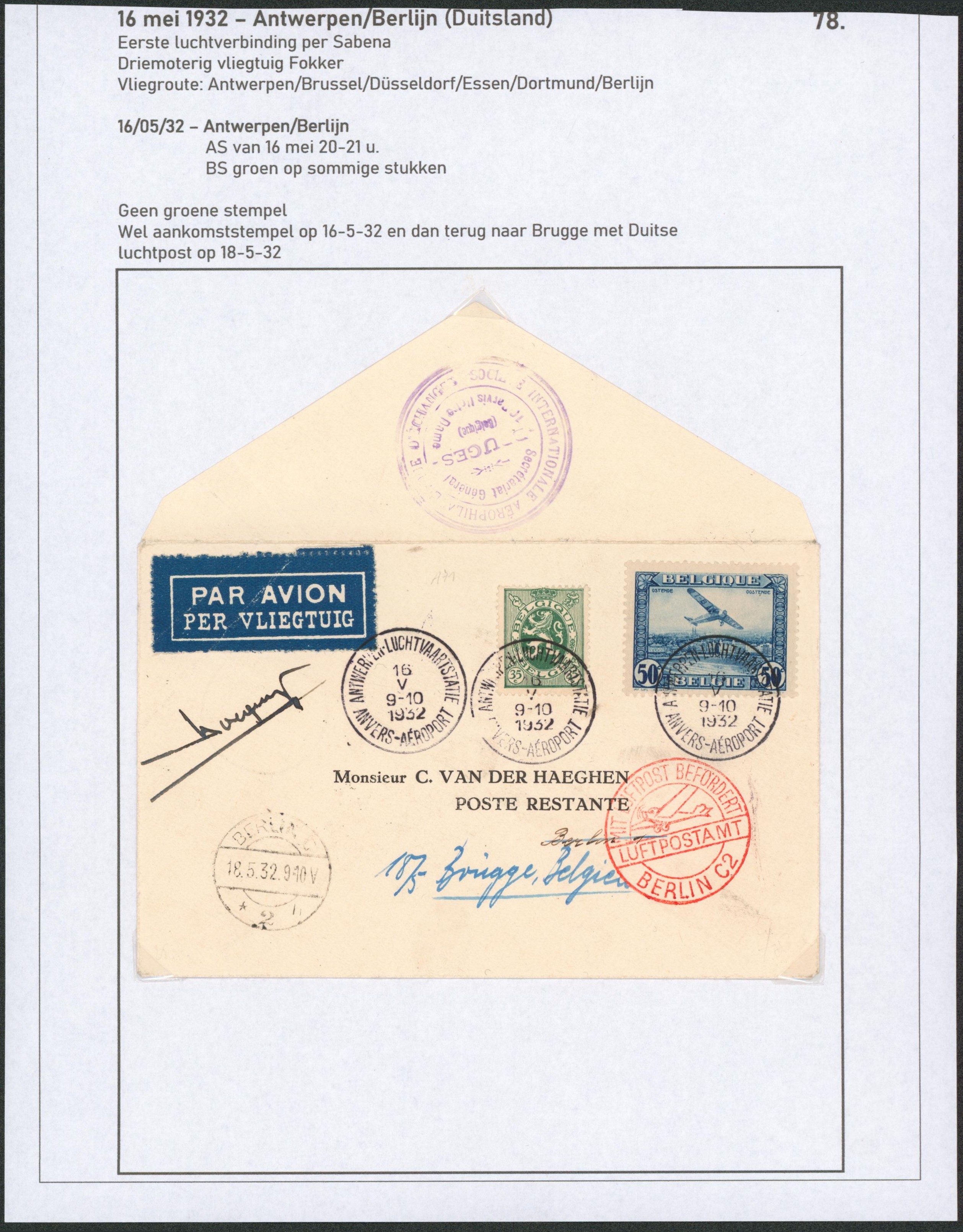 Page de collection - Affranch. Mixte sur lettre par avion de Antwerpen luchtvaartstatie > poste restante à Berlin, retour Bruges + cachet club d'échanges à Bruges (Club aérophilatélique)