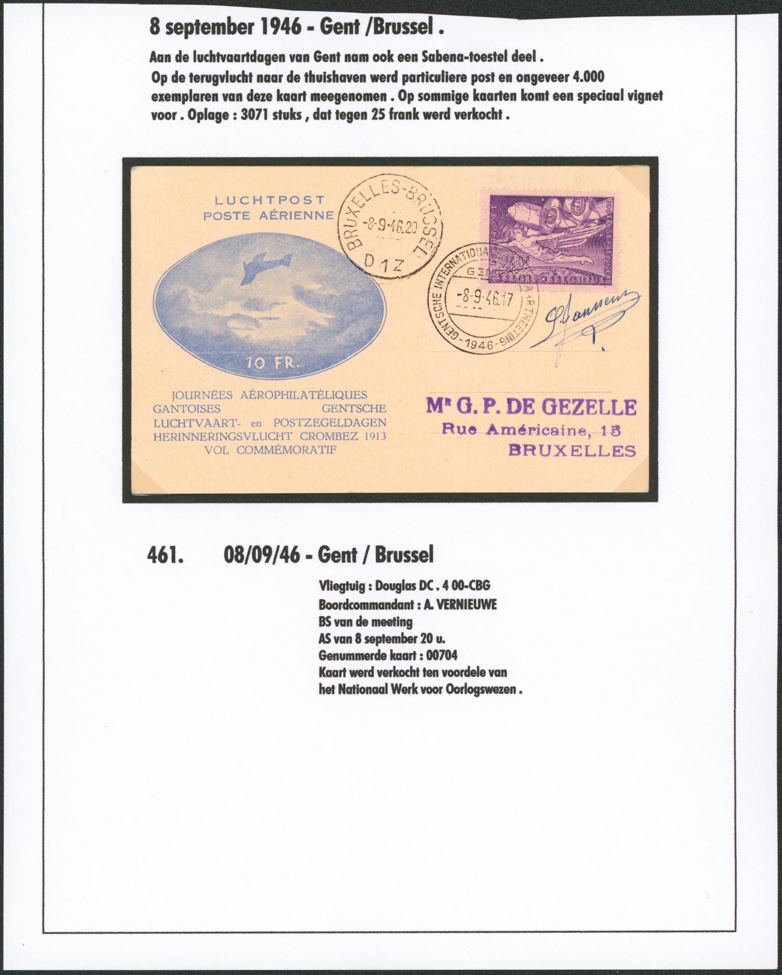 Page de collection - PA14 sur carte commémorative de la journée aérophilatélique gantoises, expédiée de l'exposition § Signature JANSSENS > Bruxelles. 