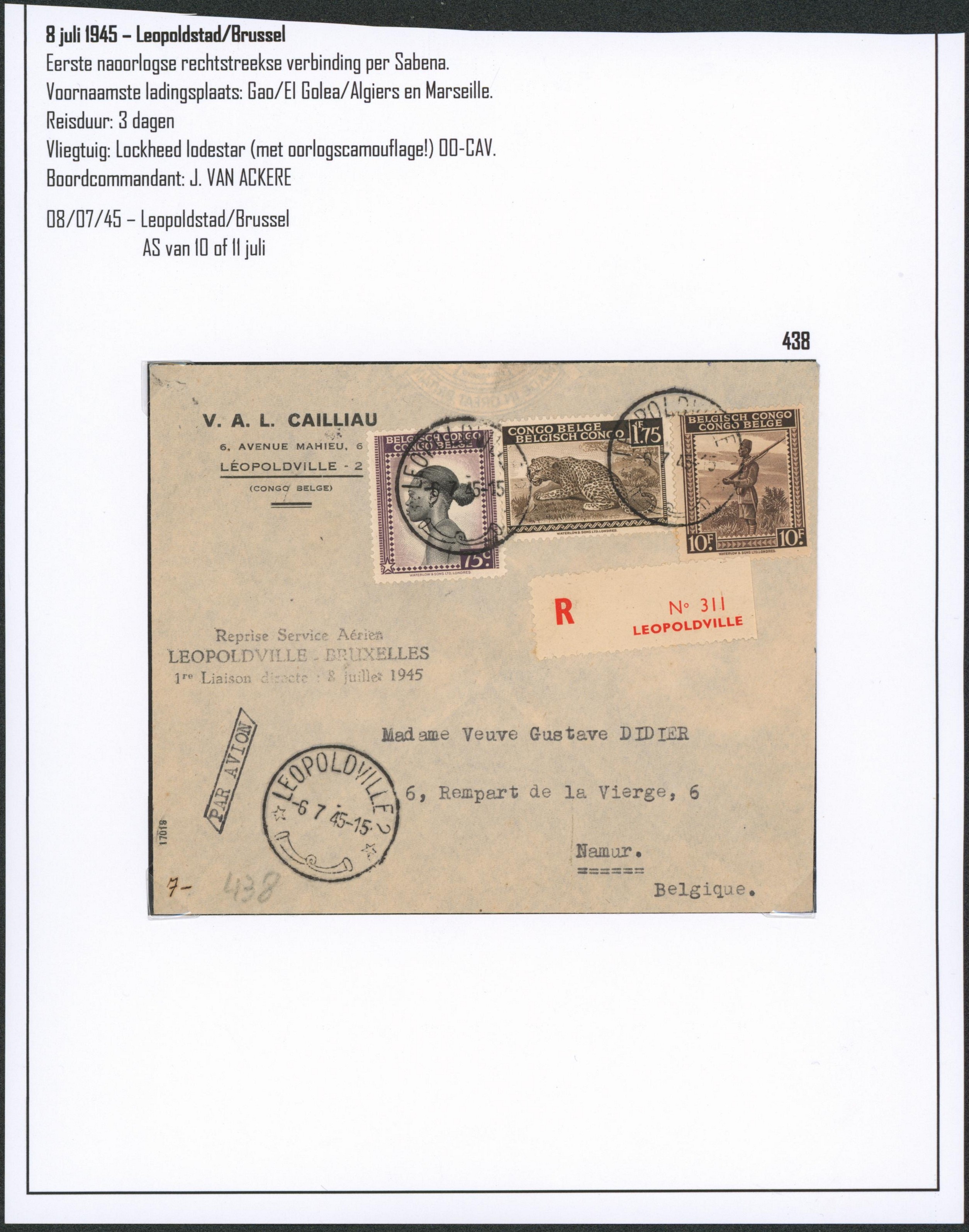 Page de collection - Congo Belge affranch. Tricolore sur lettre par avion en recommandé de Léopoldville > Namur. 