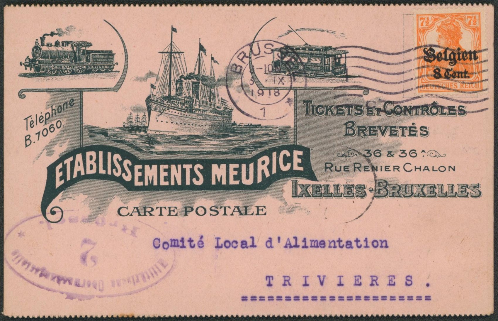 OC15 sur CP imprimée (Etablissement Meurice, tickets et controles brevetés, transports) expédié de Bruxelles + censure n°2 > Trivières. 