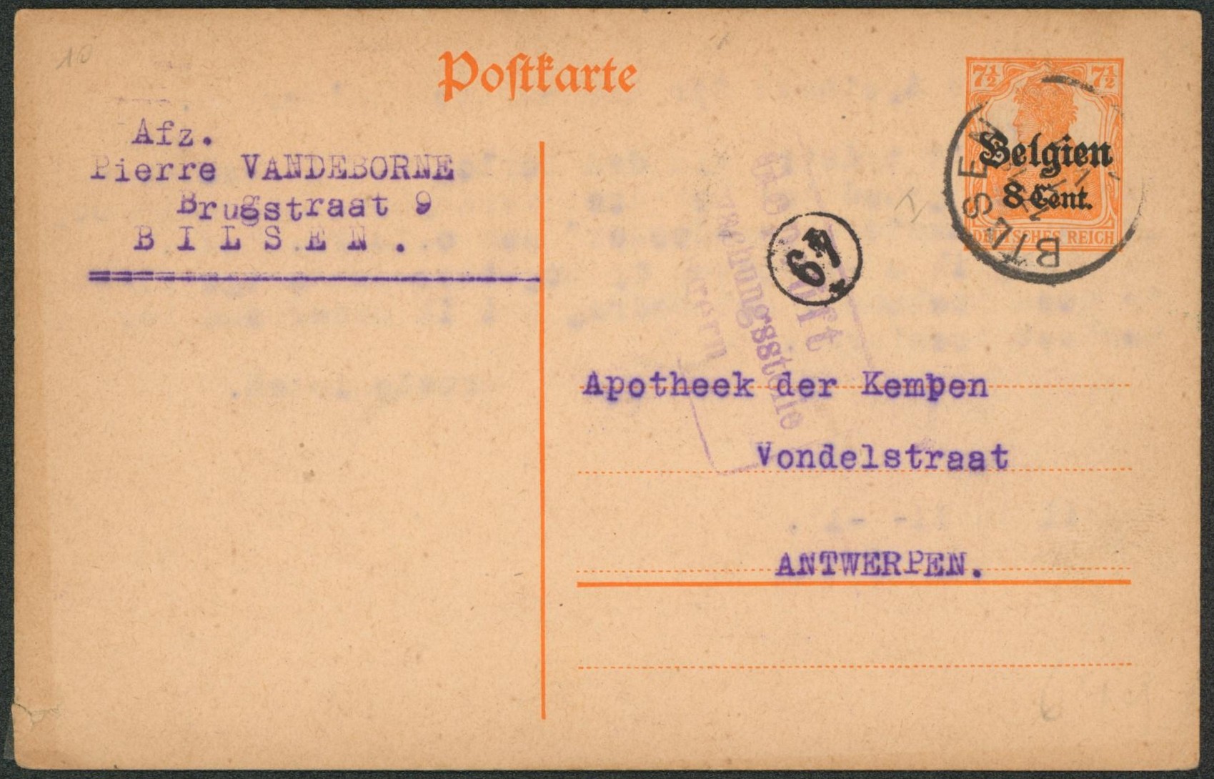 EP au type 8ctm orange obl S.C. Bilsen + censure > Antwerpen 