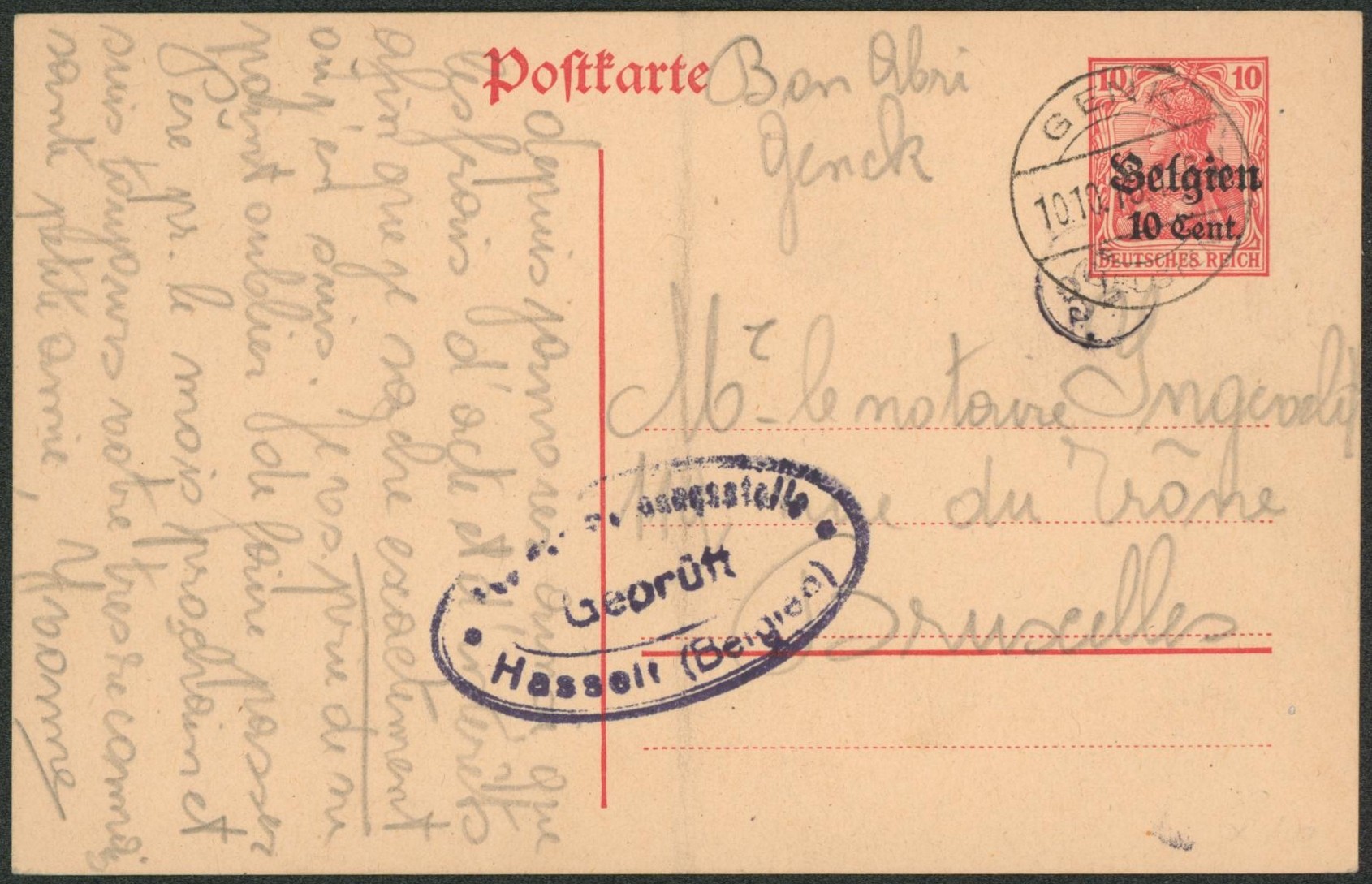 EP au type 10ctm rouge obl à pont "Genck" + censure Hasselt > Bruxelles"