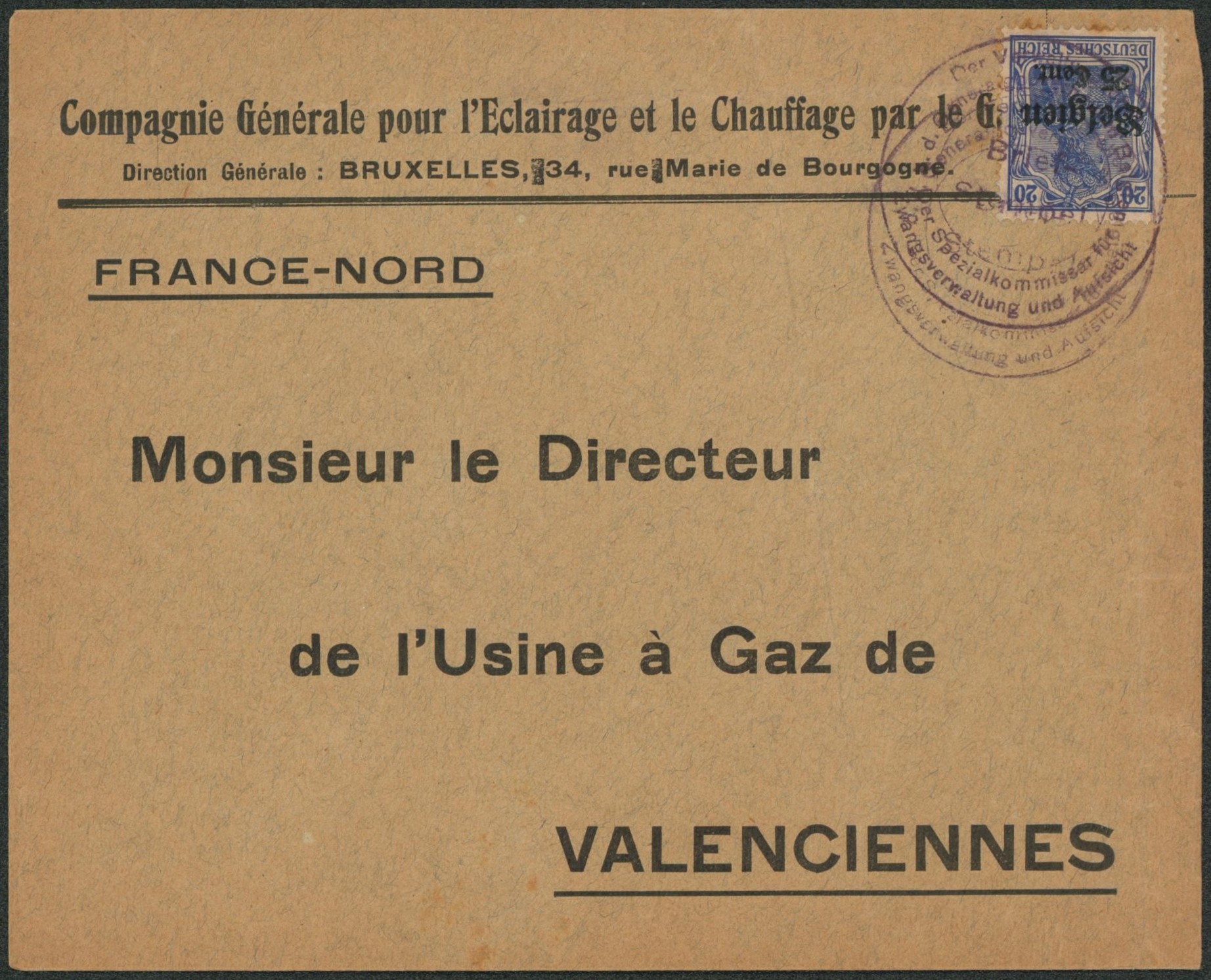 OC18 sur lettre à en-tête (compagnie générale d'éclairage, France-nord) + double cachet violet "? Spezialcommissair" > Valenciennes"