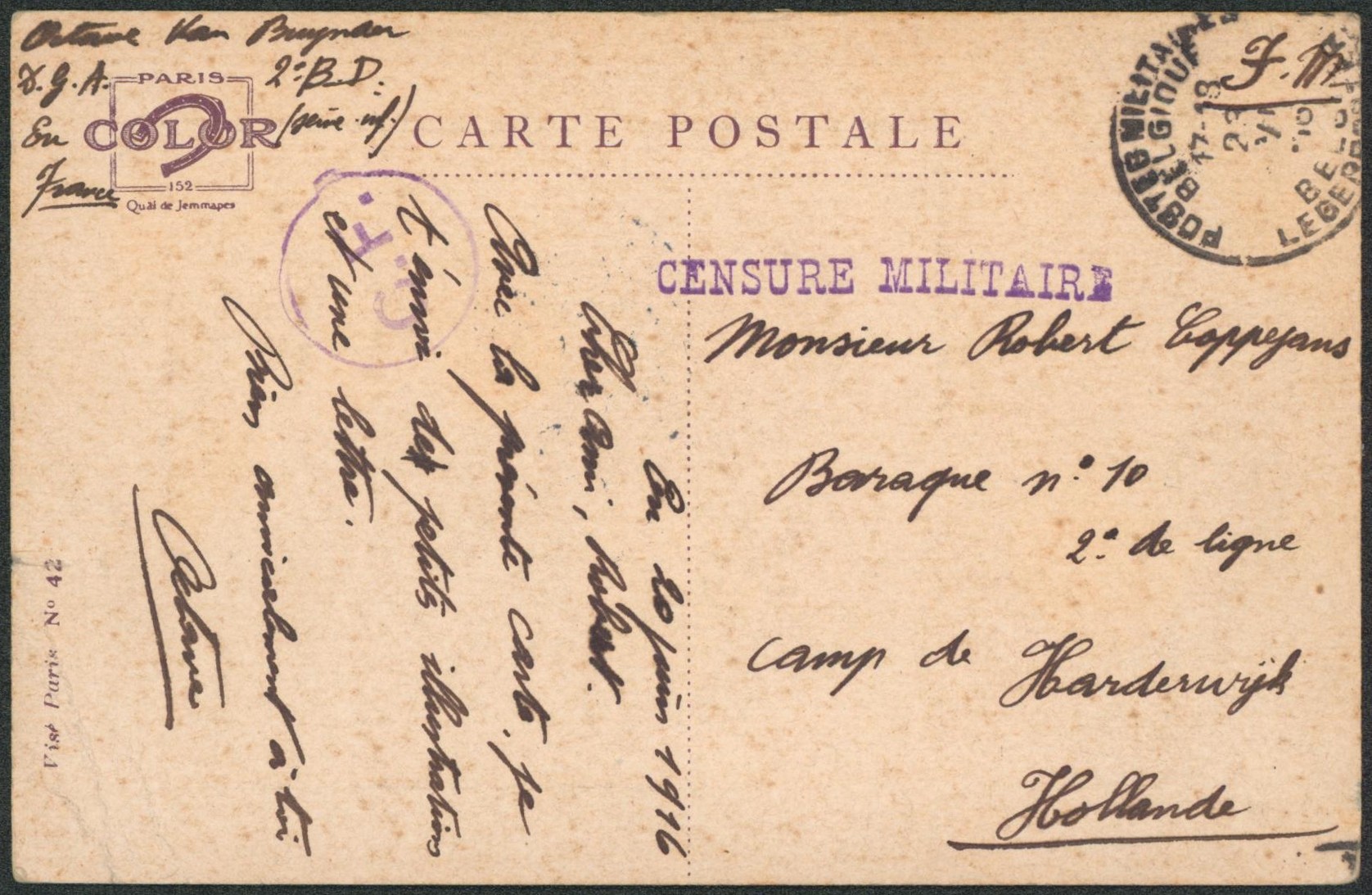 CP en S.M. obl P.M.B. (D.G.A. 2e B.D. militaire belge en France, Seine inf.) > Camp de Harderwijk (Hollande) + censure militaire & C.F.