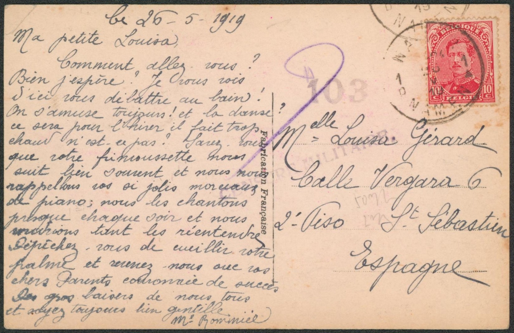 Fortune - n°138 sur CP obl bilingue Namur / Namen + censure militaire et chiffre censeur "103" > Calle Vergara, St-Sebastien (Espagne). "