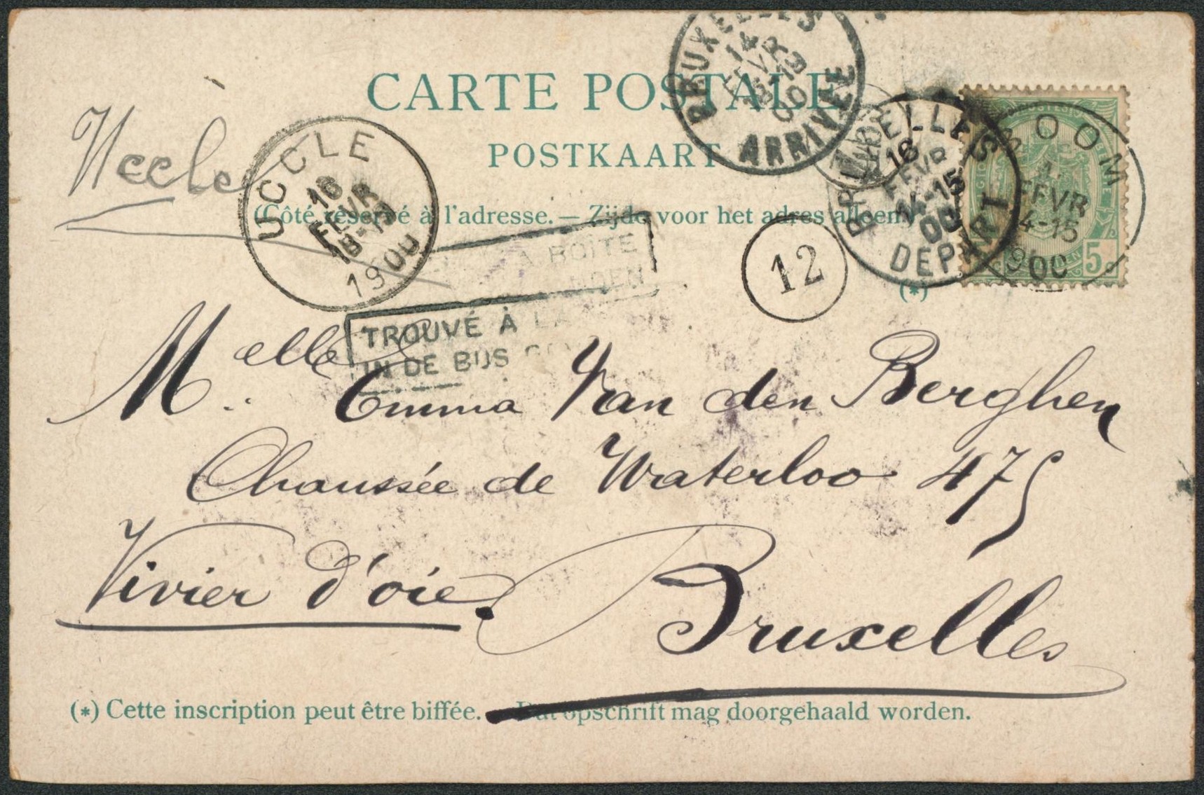 n°56 SBD sur CP expédioée de Boom + griffe "trouvé à la boite" > Vivier d'oie (Uccle) via Bruxelles. "