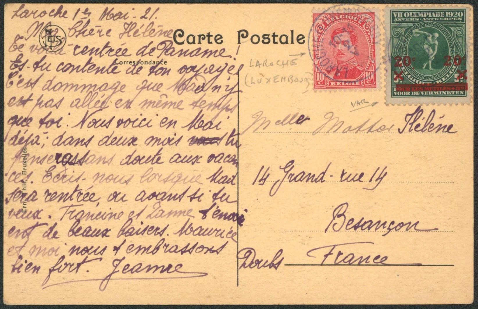 n°138 et 184 (varité : surcharge décalée vers le haut) sur CP expédié de Laroche (Luxembourg) > Besançon (France)