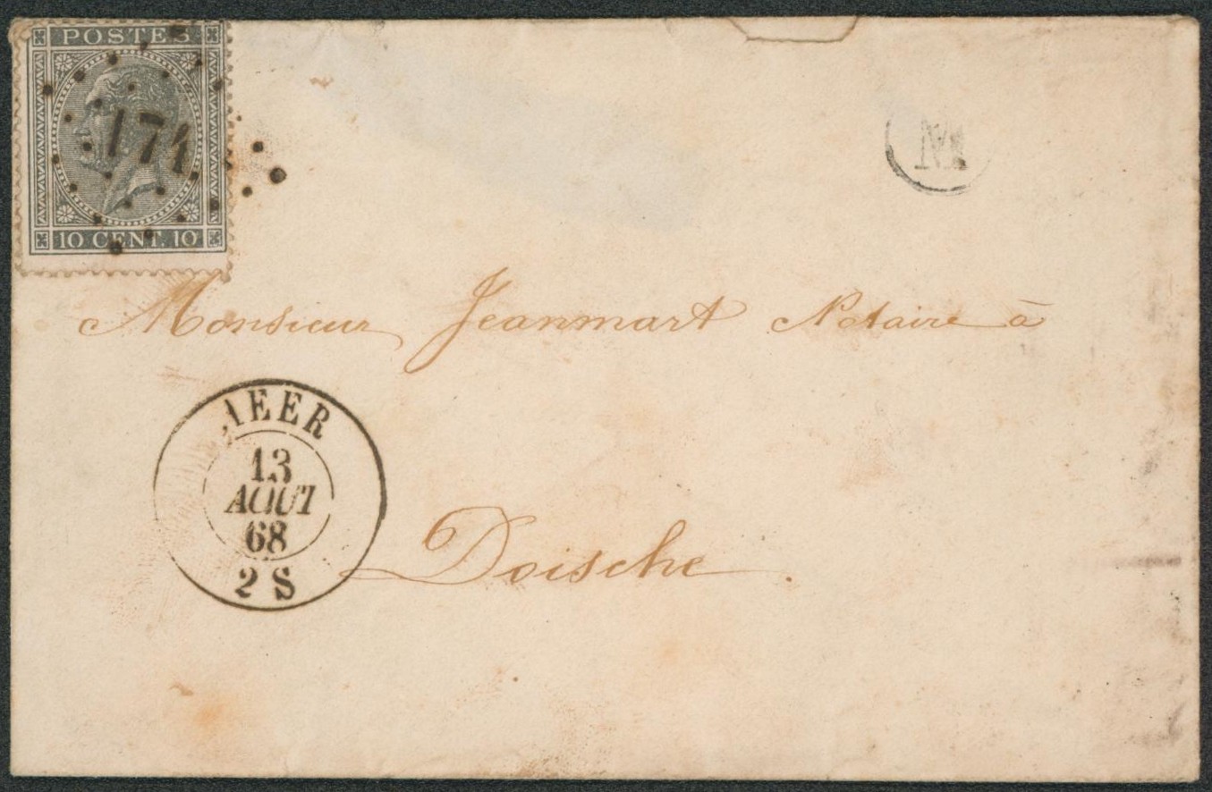 n°17 sur enveloppe (patte arrière manquante) obl Pt 174 çàd Heer + boite rurale "M" > Doische. "