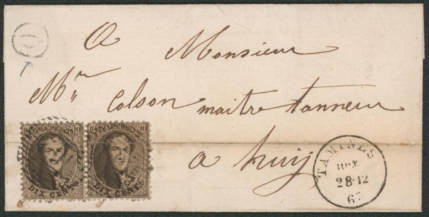 n°14 en paire (pli d'archive) sur LSC obl P162 çàd Tamines + boite rurale "Q" > Huy"